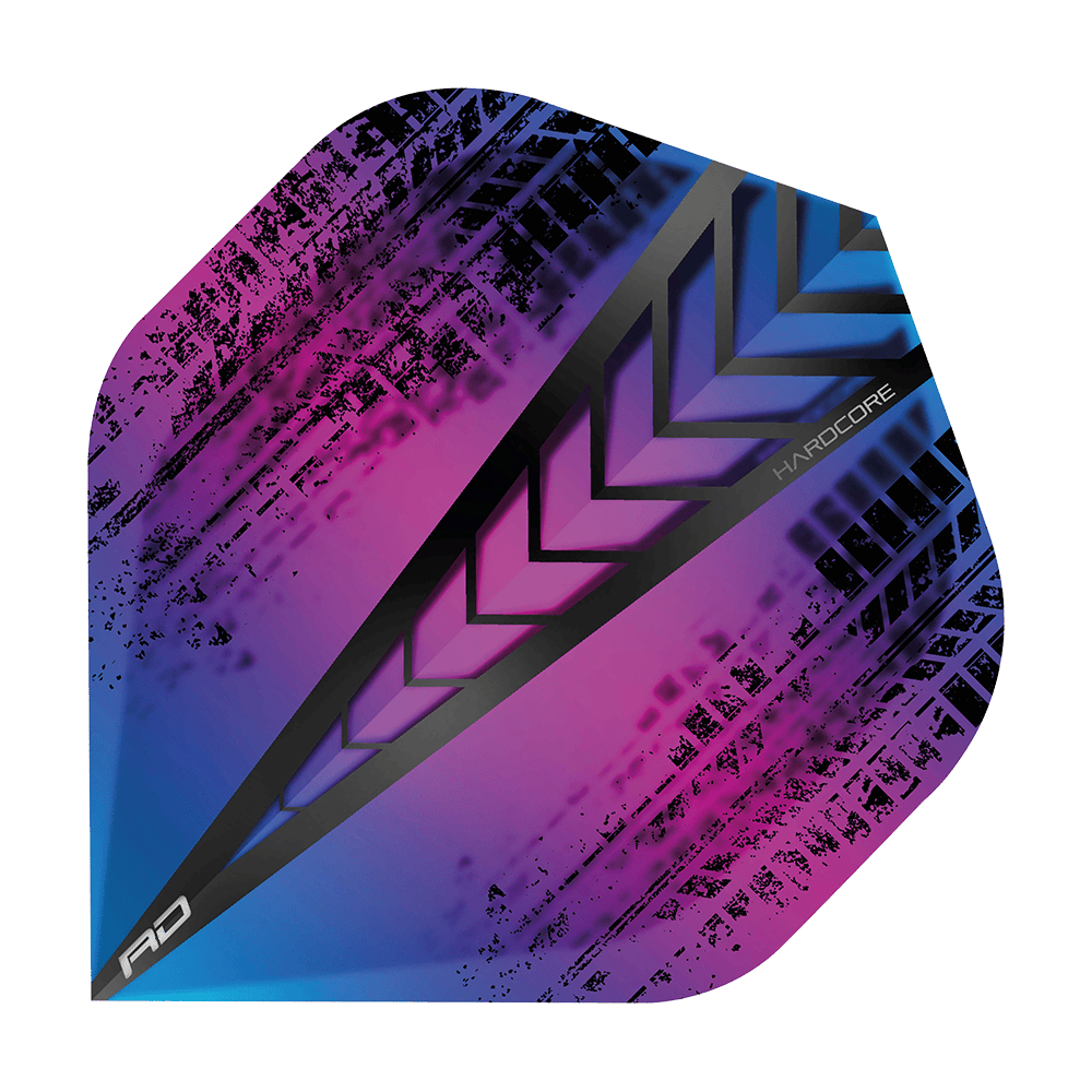 Das Bild zeigt das Produkt "Red Dragon Hardcore Standard Flights 6334". Das Flight hat ein auffälliges Design mit schwarz-violetten und blauen Farbverläufen sowie einem modernen Muster.