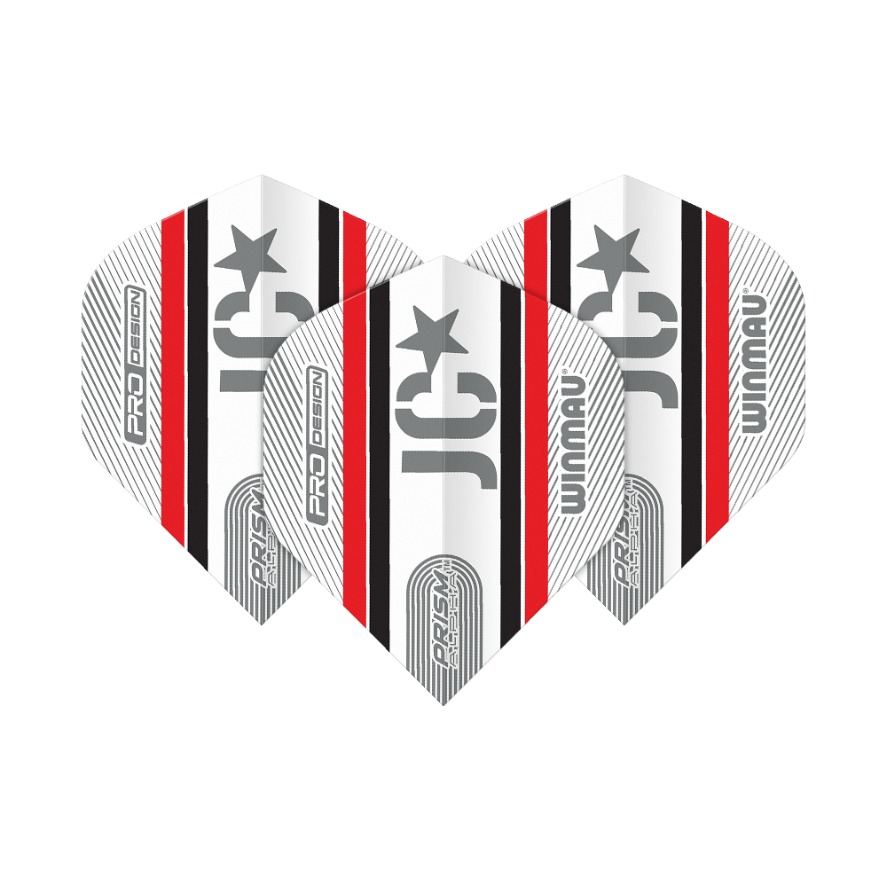 Winmau Alpha Joe Cullen Cullen 85 Standard Flights Das Bild zeigt drei Winmau Alpha Joe Cullen 85 Standard Flights für Darts. Sie sind überwiegend weiß mit schwarzen und roten Streifen sowie silbernen Aufdrucken.