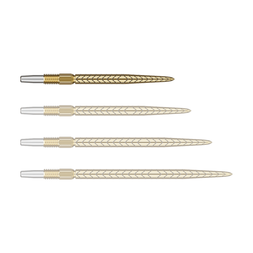 Target Swiss Point RVE dart tips - Gold Auf dem Bild sind vier goldfarbene Dartspitzen mit silbernem Gewinde zu sehen. Sie liegen nebeneinander und haben ein feines Muster auf der Oberfläche.
