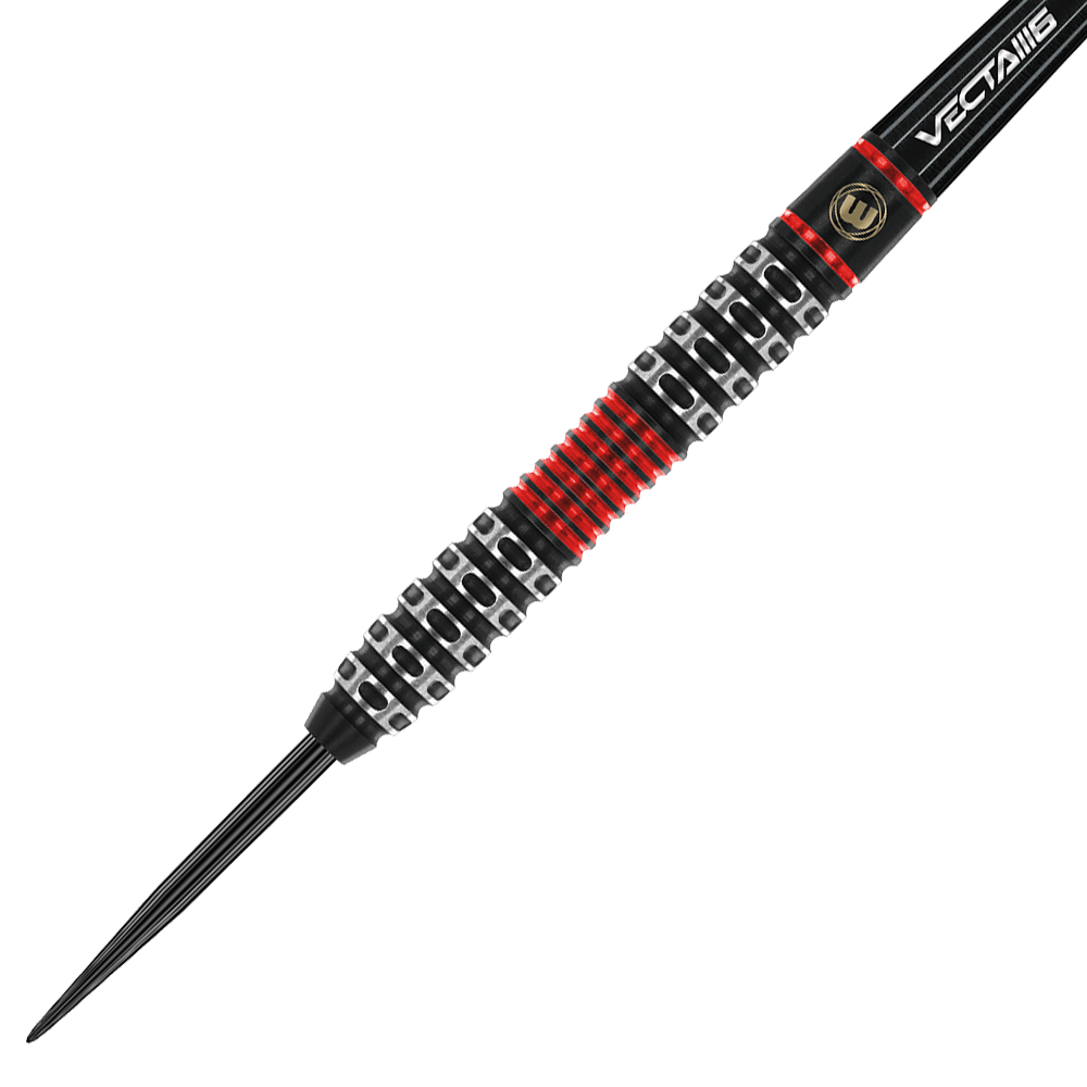 1470_Winmau_Joe_Cullen_Special_Edition_Steeldarts_2 Dies ist ein spezieller Steeldart aus der Joe Cullen Special Edition von Winmau. Der Dart hat ein auffälliges Design mit schwarzen, silbernen und roten Akzenten am Griff.