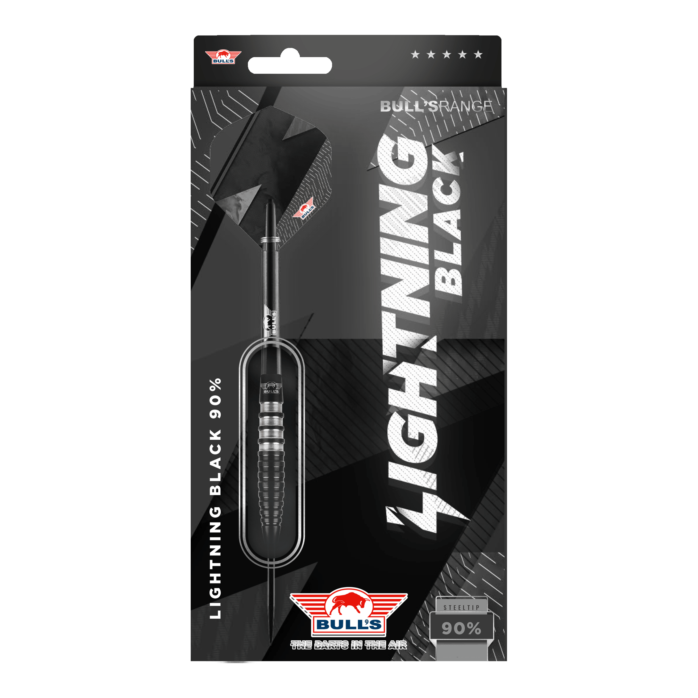 Bulls NL Lightning Black Steel Darts Das Bild zeigt die Verpackung der "Bulls NL Lightning Black Steeldarts". Die Darts haben ein schwarzes Design und bestehen zu 90% aus Tungsten.