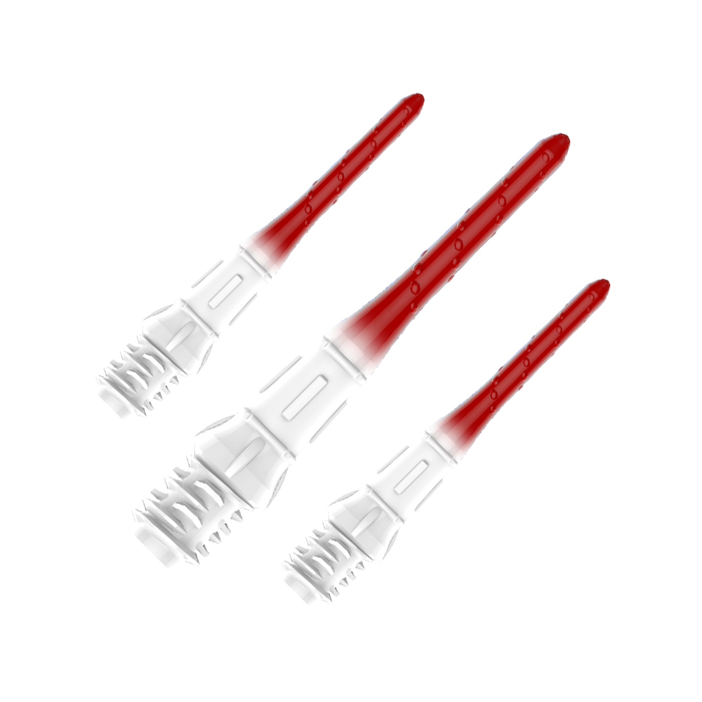 Das Bild zeigt drei hochwertige Dartspitzen mit einem Farbverlauf von Weiß zu Rot. Die Spitzen sind ordentlich nebeneinander angeordnet und haben eine glänzende Oberfläche.