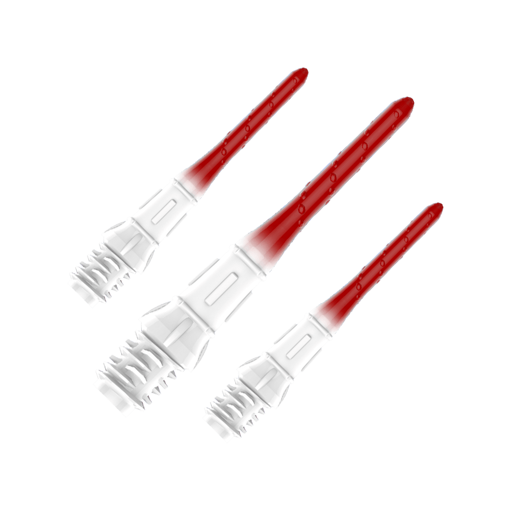 L-Style Premium Lippoint Gradiation Dart Tips (Pack of 30) Das Bild zeigt drei hochwertige Dartspitzen mit einem Farbverlauf von Weiß zu Rot. Die Spitzen sind ordentlich nebeneinander angeordnet und haben eine glänzende Oberfläche.
