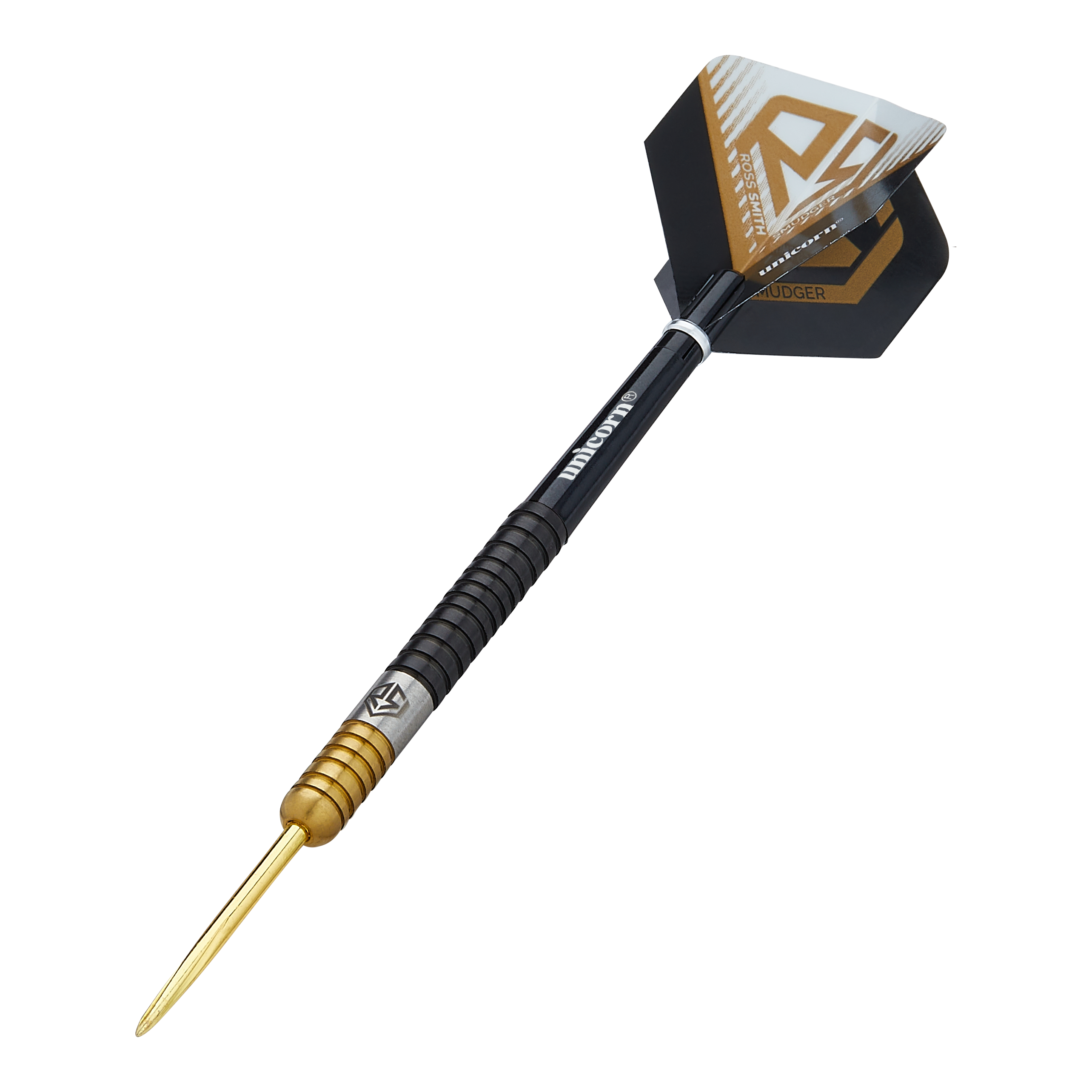 Unicorn Ross Smith Two-Tone Steel Darts Dies ist ein Steeldart namens "Unicorn Ross Smith Two-Tone Steeldarts". Er hat eine goldene Spitze, einen zweifarbigen Griff und schwarze Flights mit gold-weißen Akzenten.