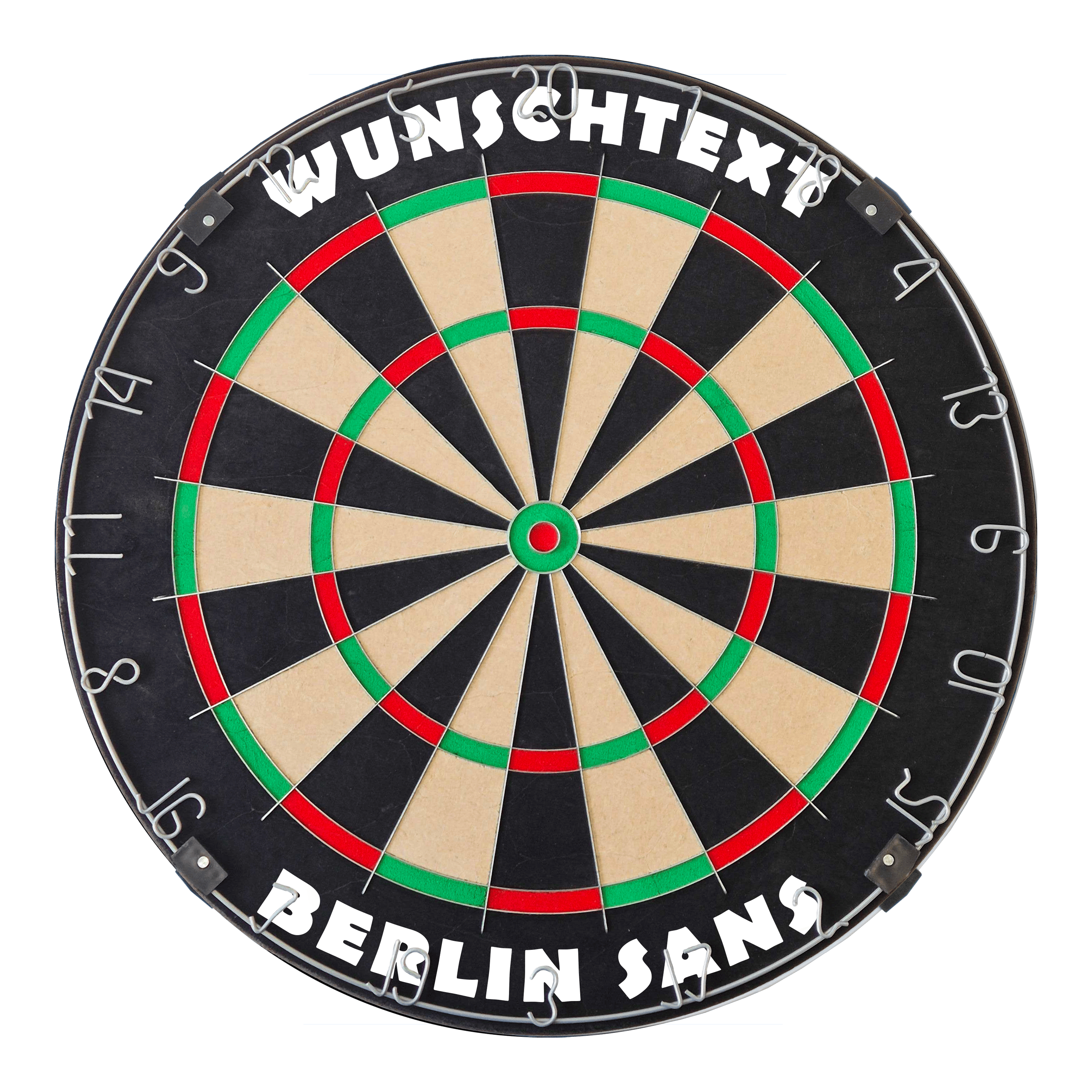 Das Bild zeigt ein Dartboard mit silbernem Ring und BerlinSans-Schrift. Die Datei heißt 'MCDB_Dartboard_mit_Wunschtext_TraditionellerRingSilber_1_BerlinSans'.