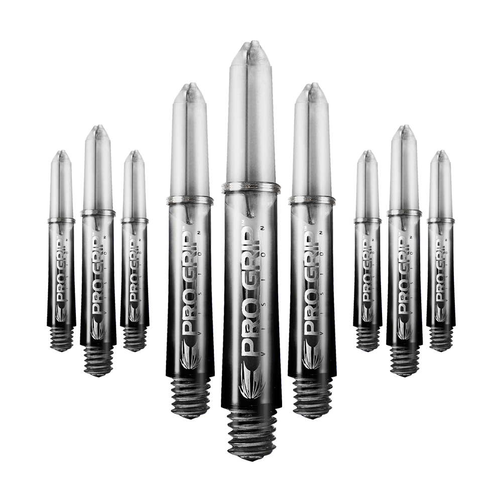 Target Pro Grip Vision Shafts - 3 Sets - Black Auf dem Bild sind mehrere schwarze Dartschäfte der Marke "Pro Grip Vision" zu sehen. Sie sind in einer Reihe angeordnet und haben eine glänzende Oberfläche.