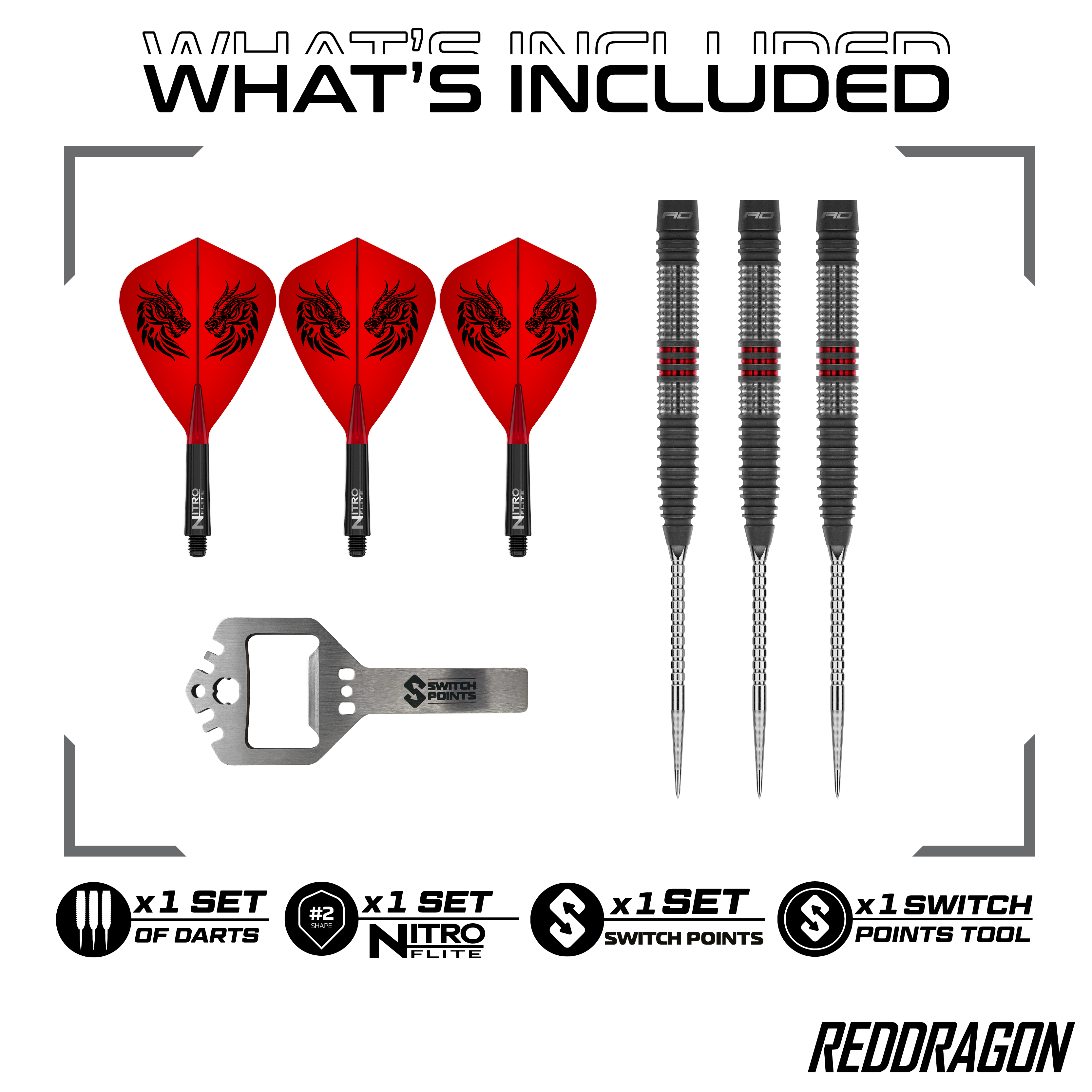 Zu sehen sind die Red Dragon Jonny Clayton Hireath Switch Point Steeldarts. Diese Pfeile sind für ihre hochwertige Verarbeitung bekannt.