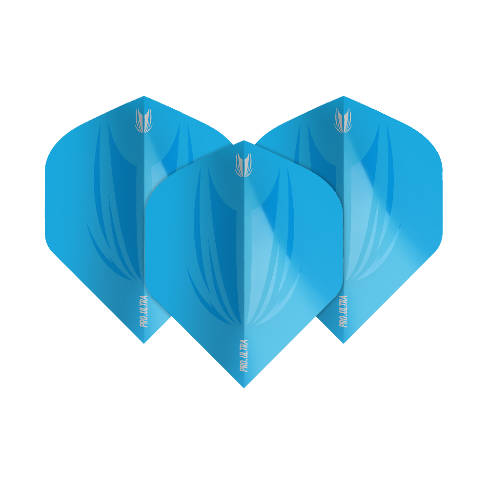 TG440_Target_ProUltra_ID_Lime_Blue_No2_Standard_Flights_1nL0WAQMOl7nRt Das Bild zeigt drei blaue Target ProUltra ID No2 Standard Flights. Sie haben ein modernes Design mit einem hellen und dunkleren Blauton sowie weißem Logo und Schriftzug.