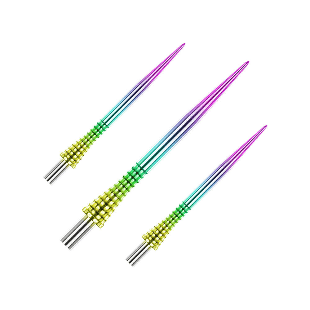 Red Dragon Raptor Gripped Rainbow steel dart tips 30mm Das Bild zeigt drei bunte Steeldartspitzen mit einem Regenbogen-Farbverlauf. Die Spitzen haben einen strukturierten, gelb-grünen Griffbereich und gehören zum Produkt "Red Dragon Raptor Gripped Rainbow Steeldartspitzen 38mm".