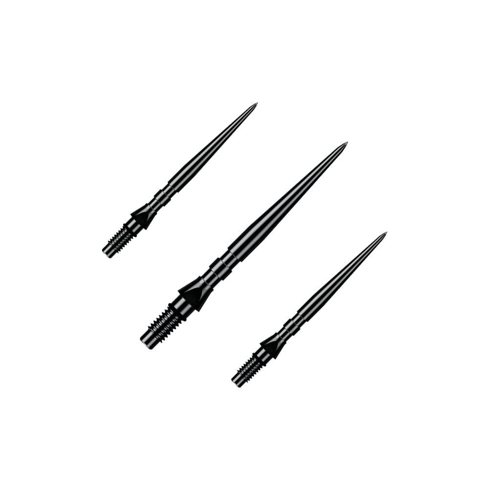 Winmau Switch Point Groove Steel Dart Tips - Black Auf dem Bild ist ein Set aus schwarzen Winmau Switch Point Groove Steeldartspitzen mit 26 mm Länge zu sehen. Diese Ersatzspitzen sind speziell für Steeldarts gedacht.