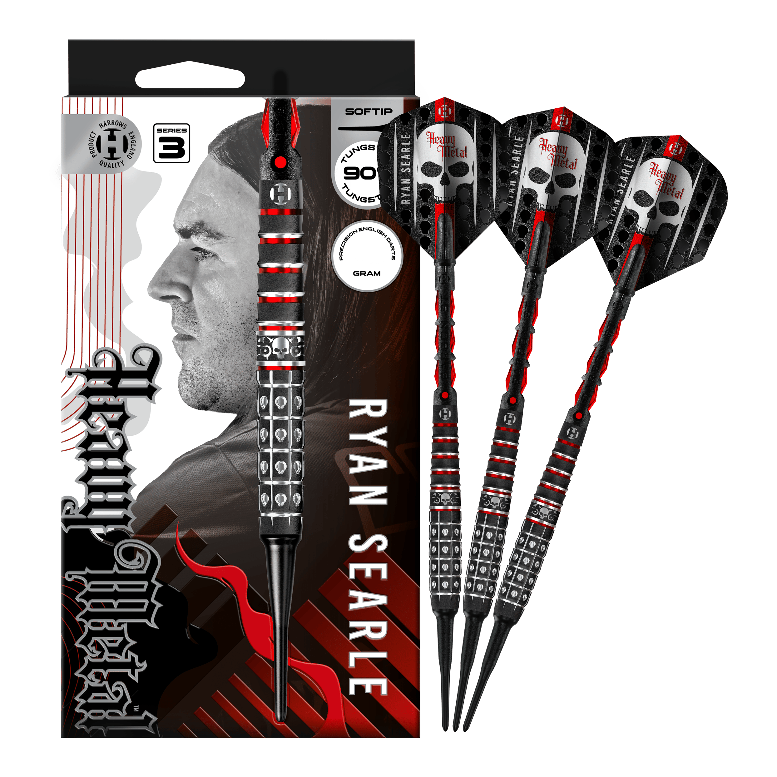 Harrow's Ryan Searle Series 3 soft darts Das Foto zeigt Harrows Ryan Searle Series 3 Softdarts in voller Ansicht. Der Artikel ist für Softdart-Spiele gedacht.