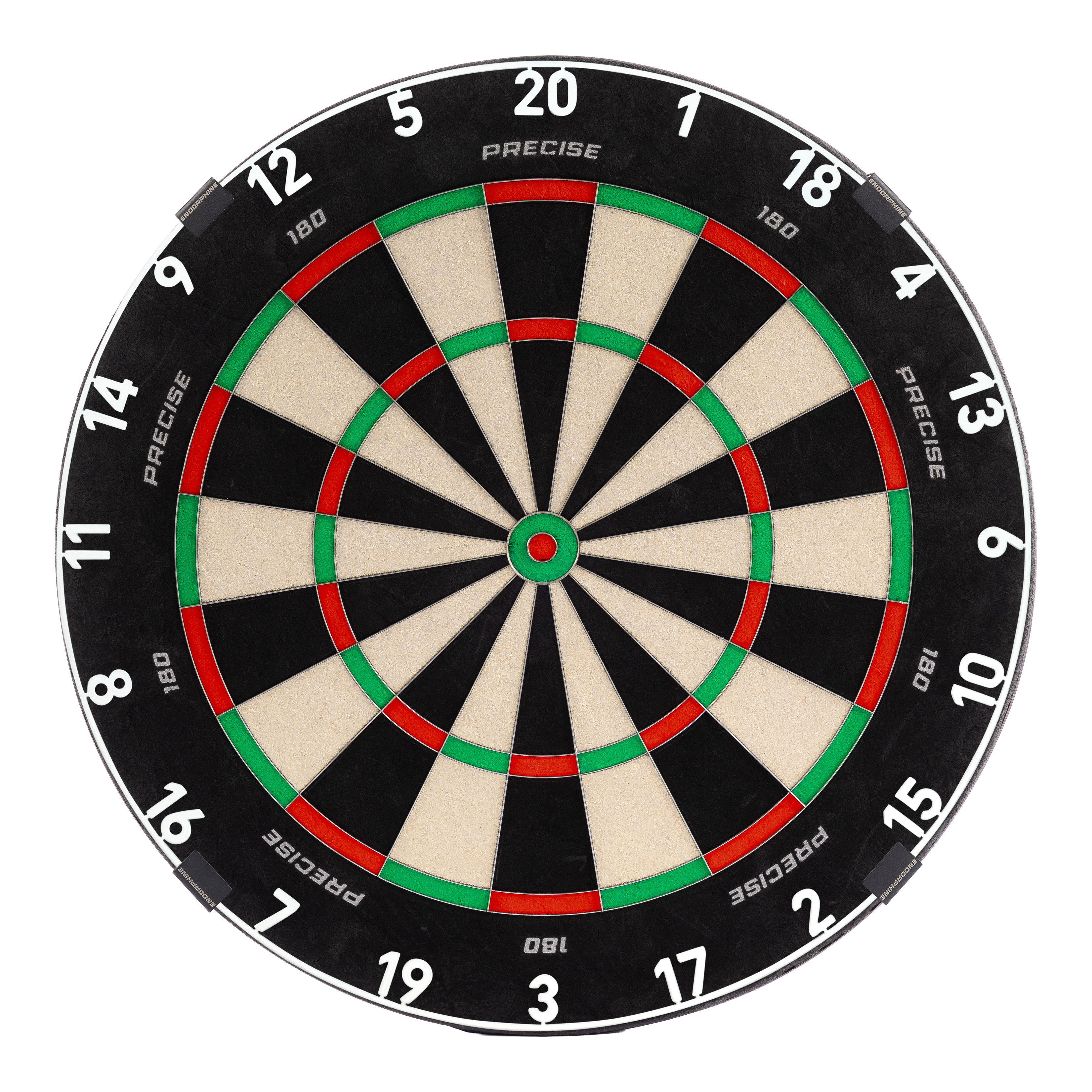 Precise 180 Endorphine Steel Dartboard with Numbered Ring - Classic White Abgebildet ist das Precise 180 Endorphine Steeldartboard mit einem weißen Nummernring. Das Produkt ist speziell für Präzisionswürfe entworfen.