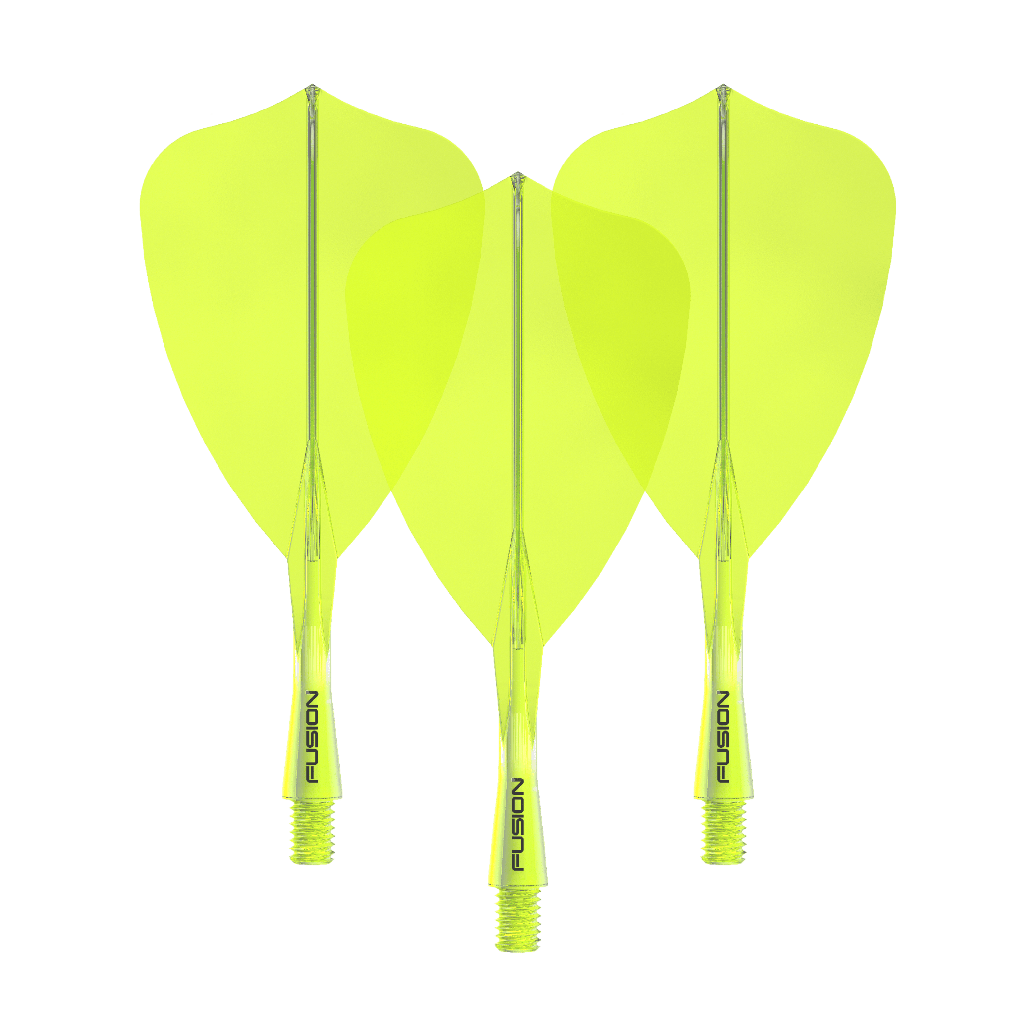 Das Winmau Fusion Flight Shaft System Arrow Neon Yellow 22mm Set ist auf dem Bild zu sehen. Es besteht aus gelben Dart-Flights und -Schäften.