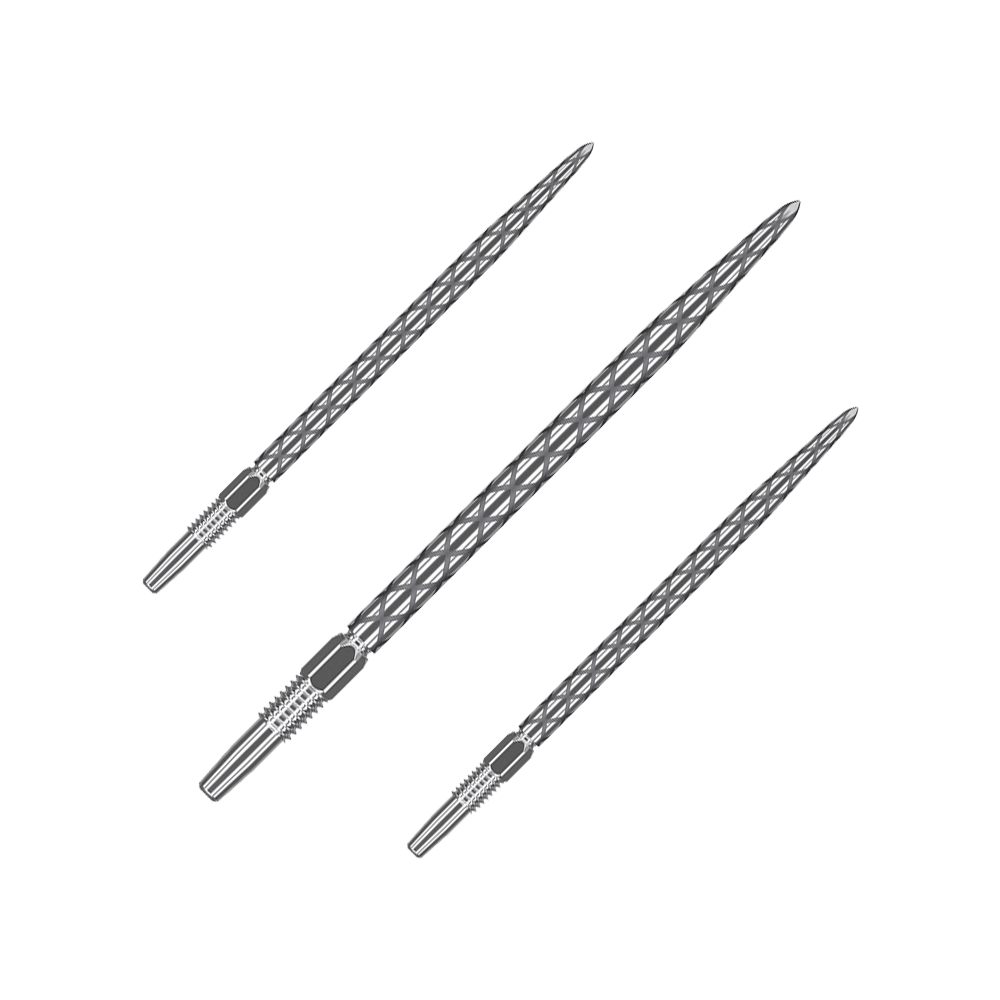 Target Swiss Diamond Pro Silver Points dart tips Auf dem Bild sind drei silberne Dartspitzen mit einem rautenförmigen Muster zu sehen. Sie sind nebeneinander angeordnet und haben eine Länge von 40 mm.