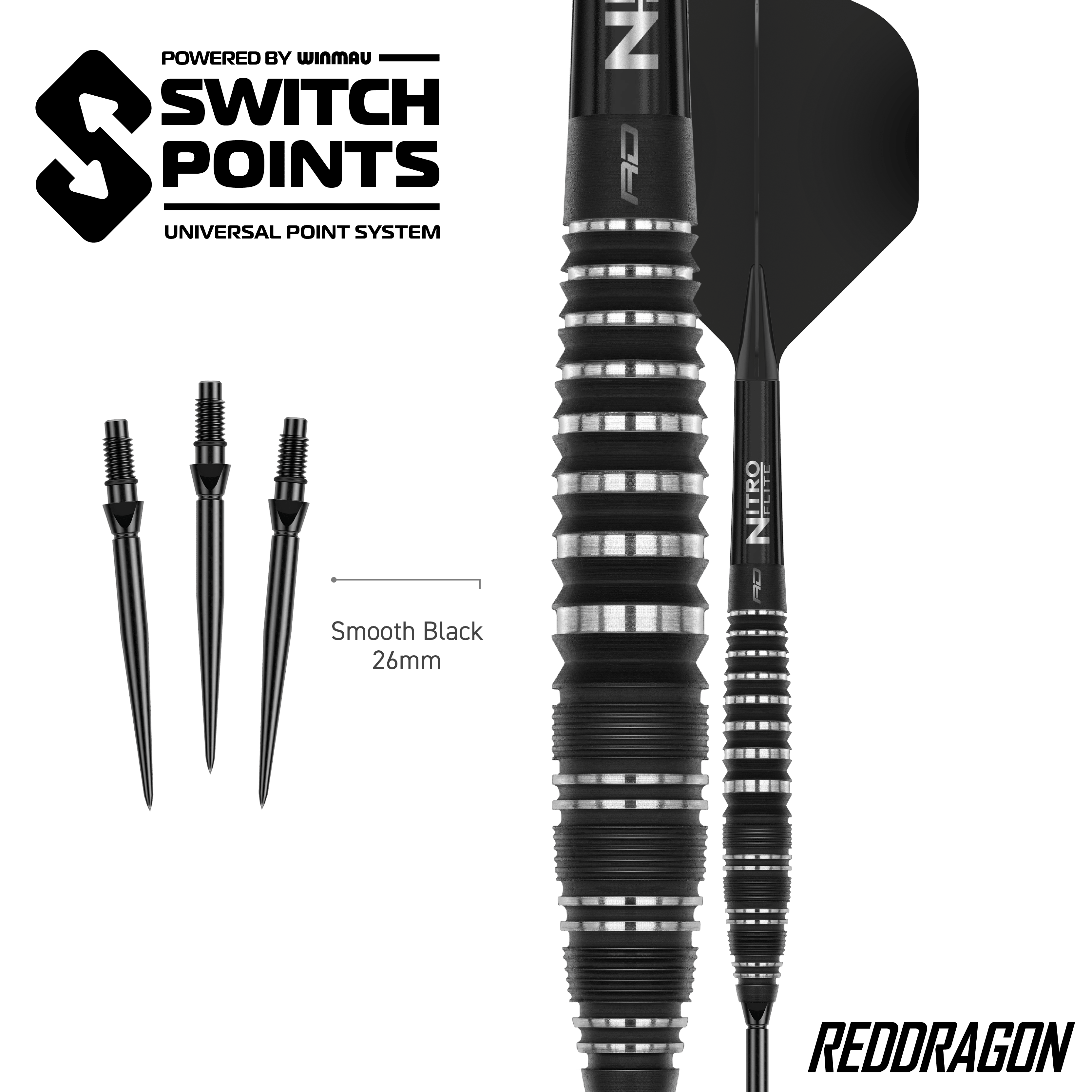 Red Dragon Sable Bomb Switch Point Steel Darts Zu sehen sind die Red Dragon Sable Bomb Switch Point Steeldarts. Die Darts sind robust und für präzises Spiel konzipiert.