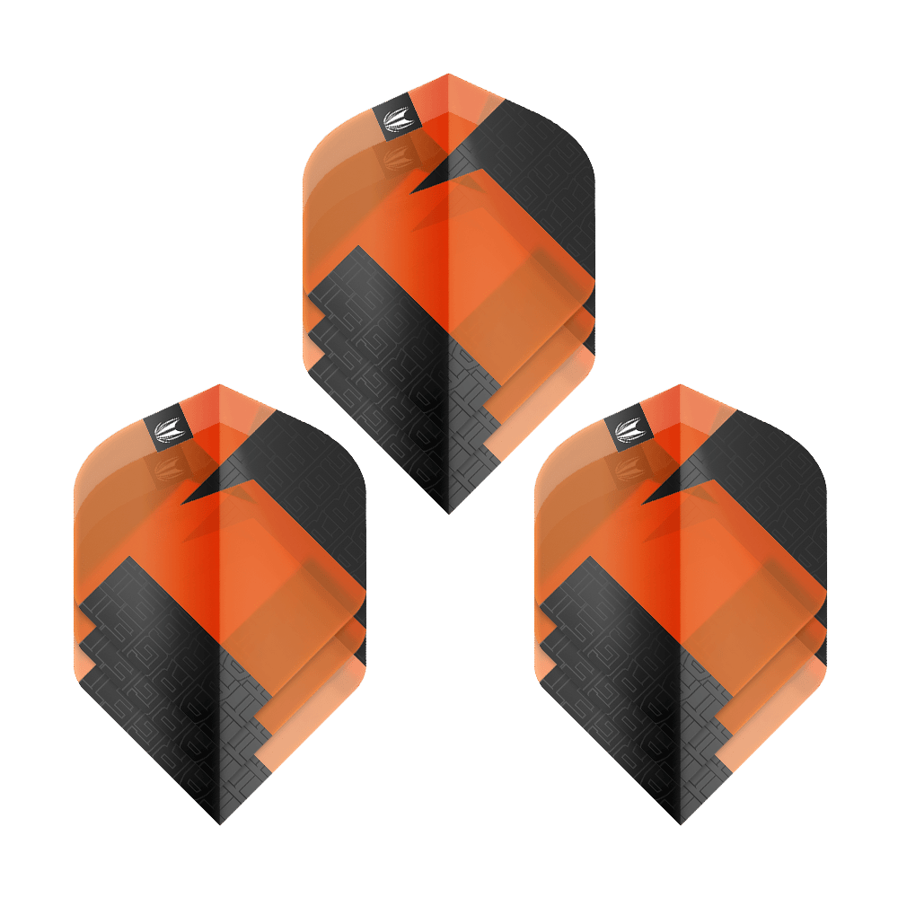 Target Pro Ultra TAG Orange No2 Standard Flights - 3 sets Das Bild zeigt drei Sets der Target Pro Ultra TAG Orange No2 Standard Flights. Die Flights sind in den Farben Orange und Schwarz gestaltet und haben ein geometrisches Muster.