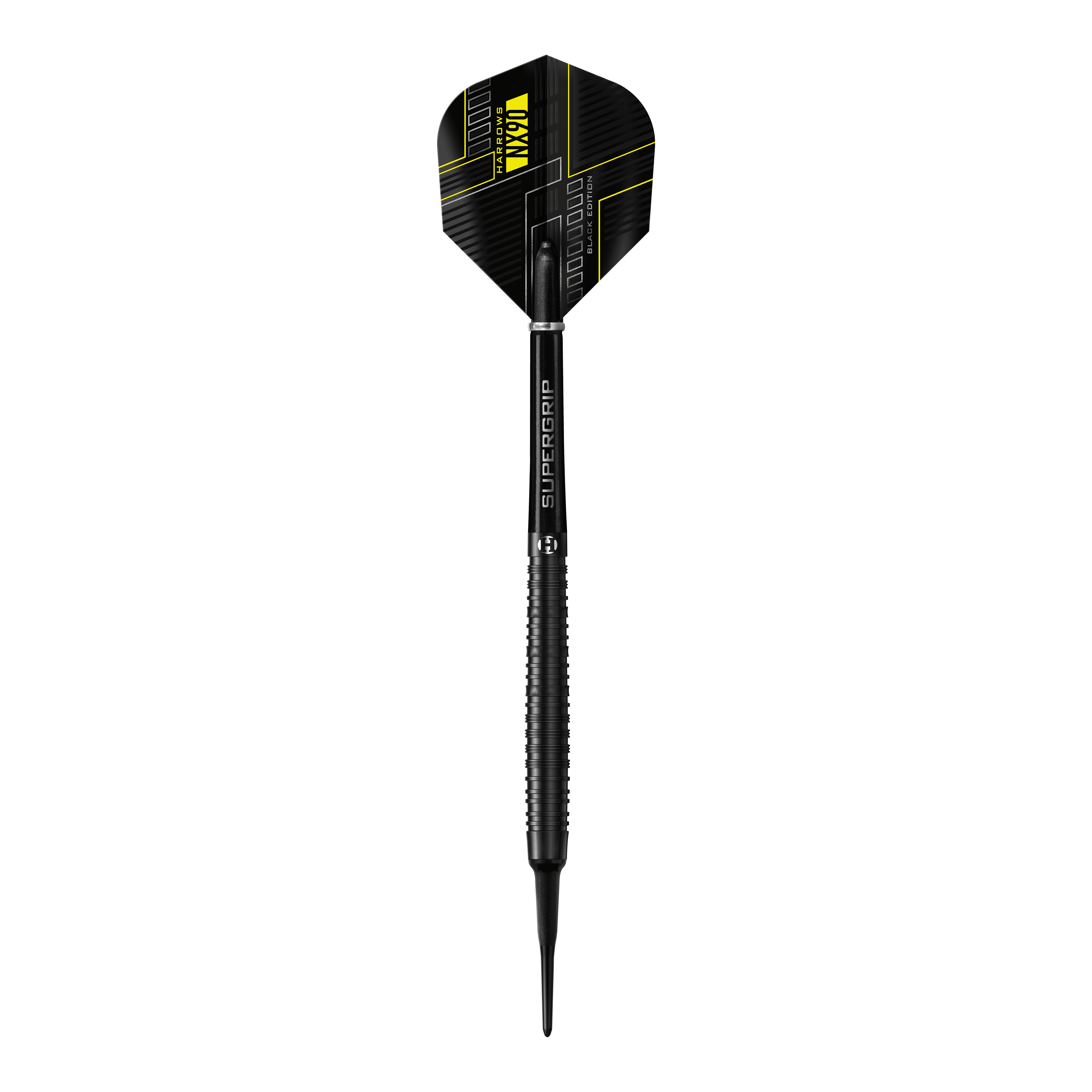 Harrows NX90 Black Edition soft darts Das Bild zeigt einen Harrows NX90 Black-Edition Softdart. Der Dart ist schwarz mit gelben Akzenten und hat ein modernes, technisches Design.