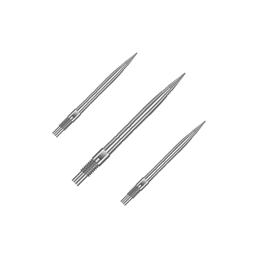 Harrows Quick Point Micro Ridge Dart Tips - Silver Eine Verpackung mit mehreren Harrows Quick Point MicroRidge Dartspitzen in Silber mit 26 mm Länge ist abgebildet. Die Dartspitzen sind zur besseren Ansicht gruppiert.