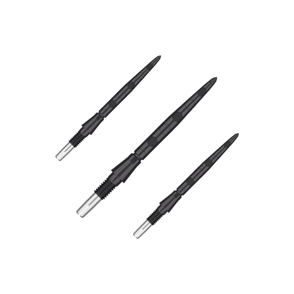 Auf dem Bild sind drei schwarze Dartspitzen mit silbernen Enden zu sehen. Sie sind in einem Set angeordnet und haben eine strukturierte Oberfläche.