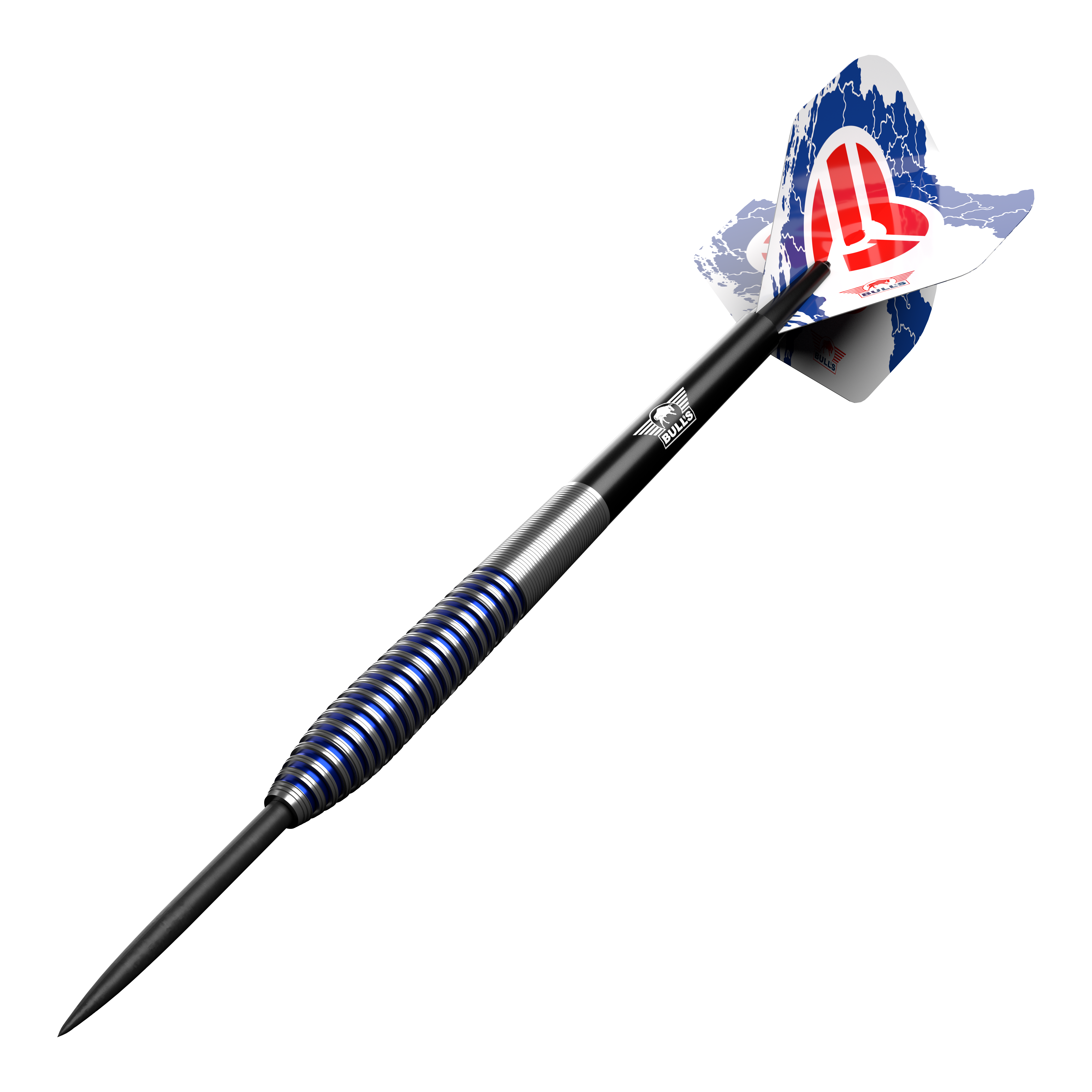 Bulls NL Romeo Grbavac steel darts - 23g Das Bild zeigt einen Steeldart aus der Serie "Bulls NL Romeo Grbavac" mit einem Gewicht von 23 Gramm. Der Dart hat ein modernes Design mit blauen und silbernen Ringen sowie einem bedruckten Flight.