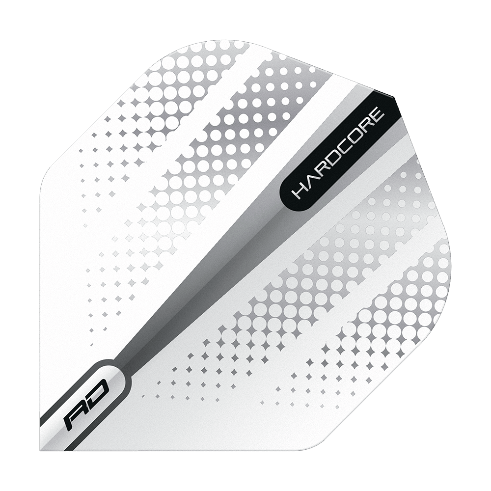 TF6506_Red_Dragon_Hardcore_Radical_Silver_Flash_Standard_Flights_1QEnlST553bTUF Das Bild zeigt einen Red Dragon Hardcore Radical Silver Flash Standard Flight für Darts. Das Design ist überwiegend weiß mit silbernen und grauen Punkten sowie den Aufschriften "HARDCORE" und "RD".