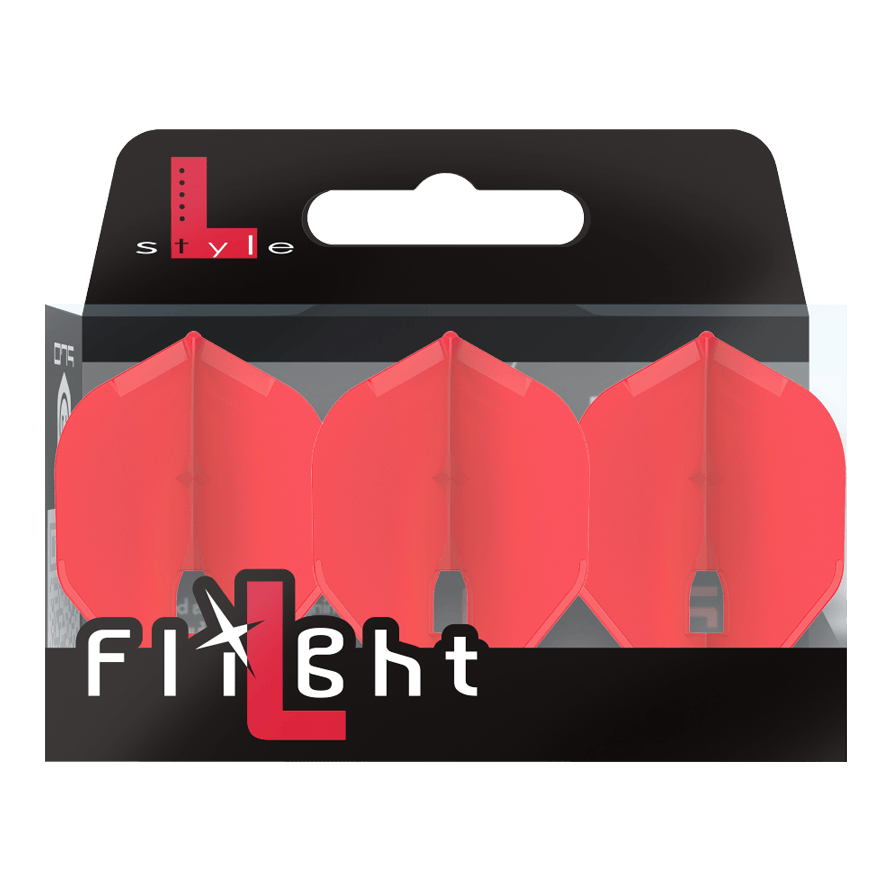 Auf dem Bild ist eine Verpackung mit drei roten Dartflights zu sehen. Die Marke „L-Style“ und der Schriftzug „Flight“ stehen auf der Vorderseite der Packung.