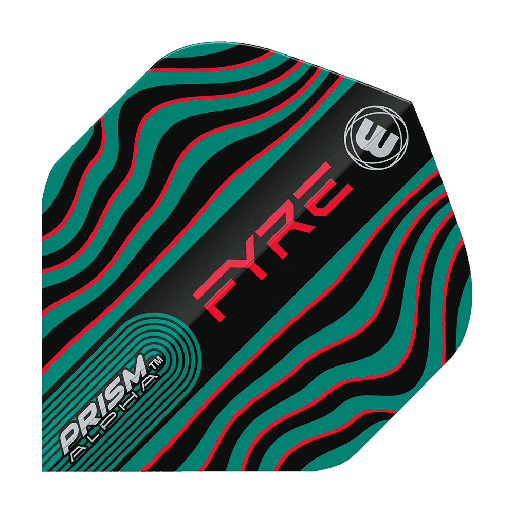 6915-708_Winmau_Prism_Alpha_Fyre_BlackTurquoiseRed_Standard_Flights_1YzIRDvWHWB5rj Dieses Bild zeigt das Produkt "Winmau Prism Alpha Fyre BlackTurquoiseRed Standard Flights". Das Flight-Design ist schwarz mit wellenförmigen türkisfarbenen und roten Linien sowie auffälligen Schriftzügen.