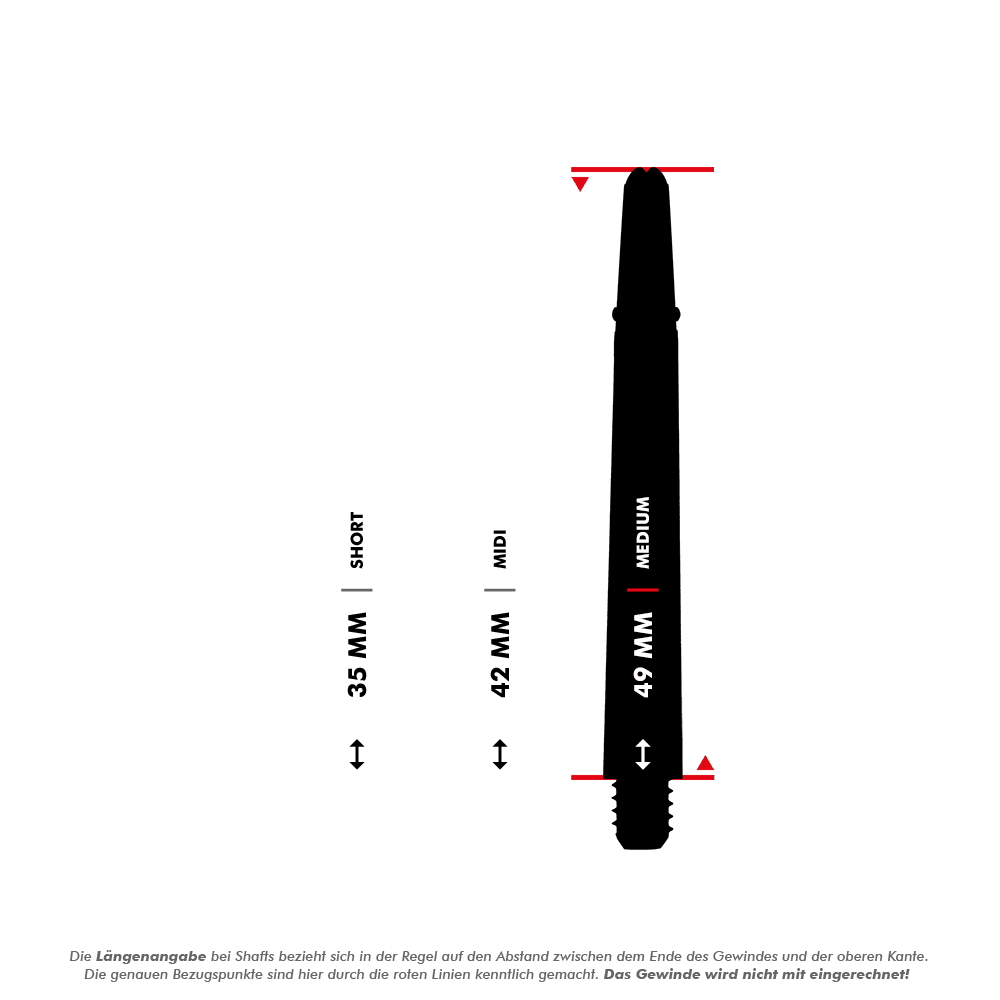 _Harrows_Carbon_360_Shafts_5_49mmPKfqccJIPJBgi Das Bild zeigt drei unterschiedlich lange Dartshafts mit den Längen 35 mm (Short), 42 mm (Midi) und 49 mm (Medium). Die roten Linien markieren die Messpunkte für die Längenangabe, das Gewinde wird dabei nicht mitgerechnet.