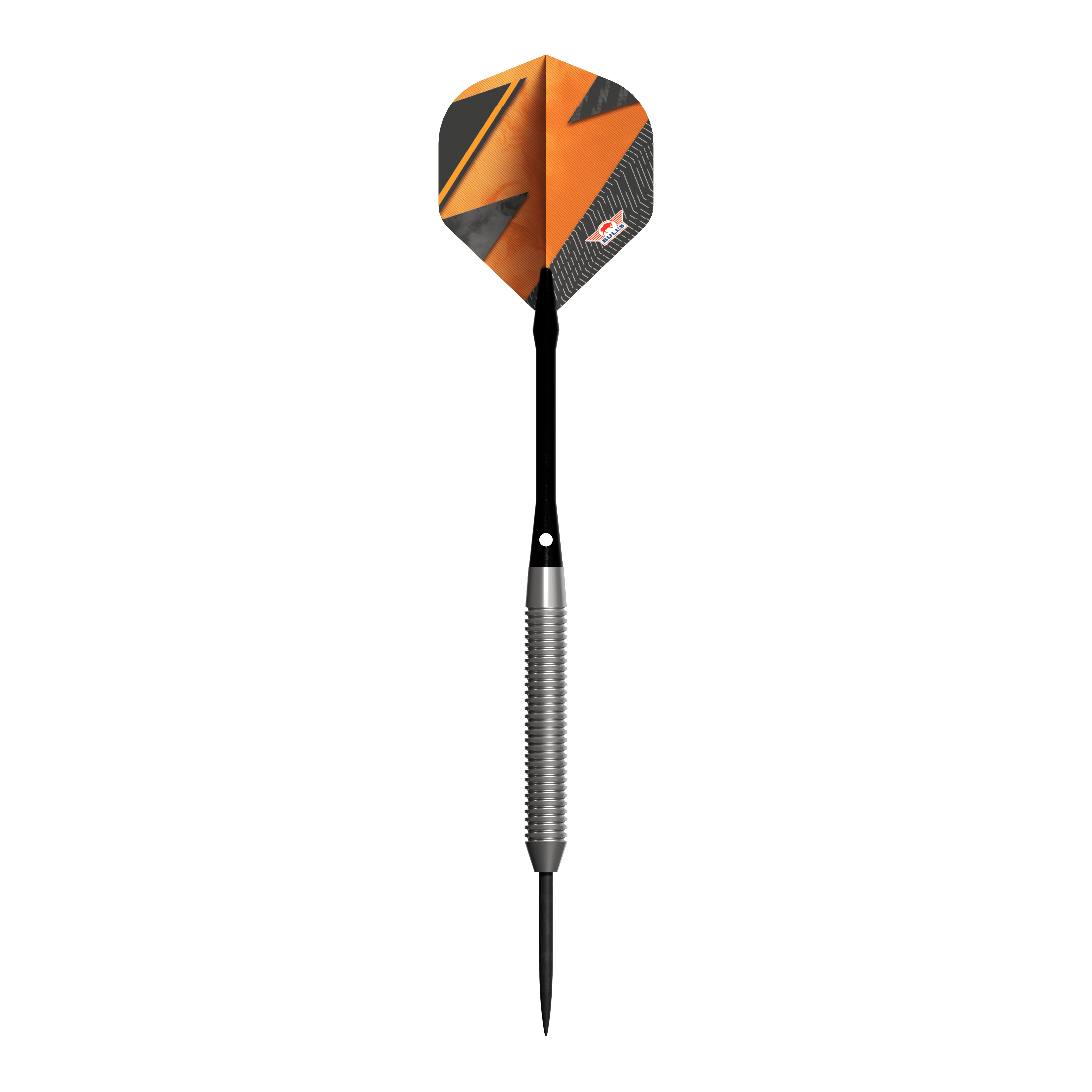Das Bild zeigt den Steeldart "Bulls NL Lightning Orange" mit einer auffälligen orangenen und schwarzen Flight. Der Schaft ist silberfarben und geriffelt, während die Dartspitze schwarz ist.