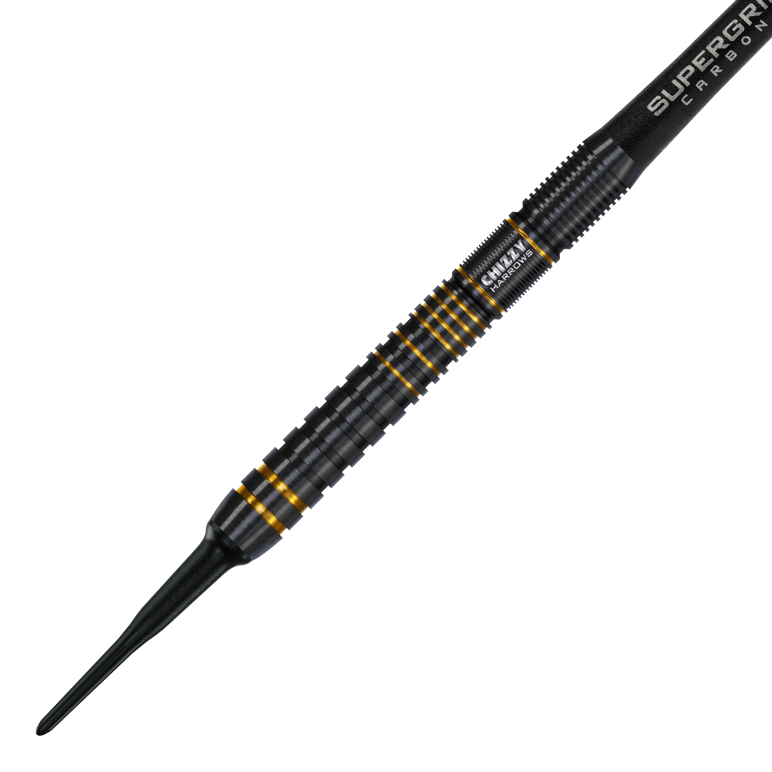 Harrow's Dave Chisnall Chizzy Series 3 soft darts Das Bild zeigt einen Harrows Dave Chisnall Chizzy Series 3 Softdart. Der Dartpfeil ist schwarz mit goldenen Akzenten und hat ein geriffeltes Griffdesign.