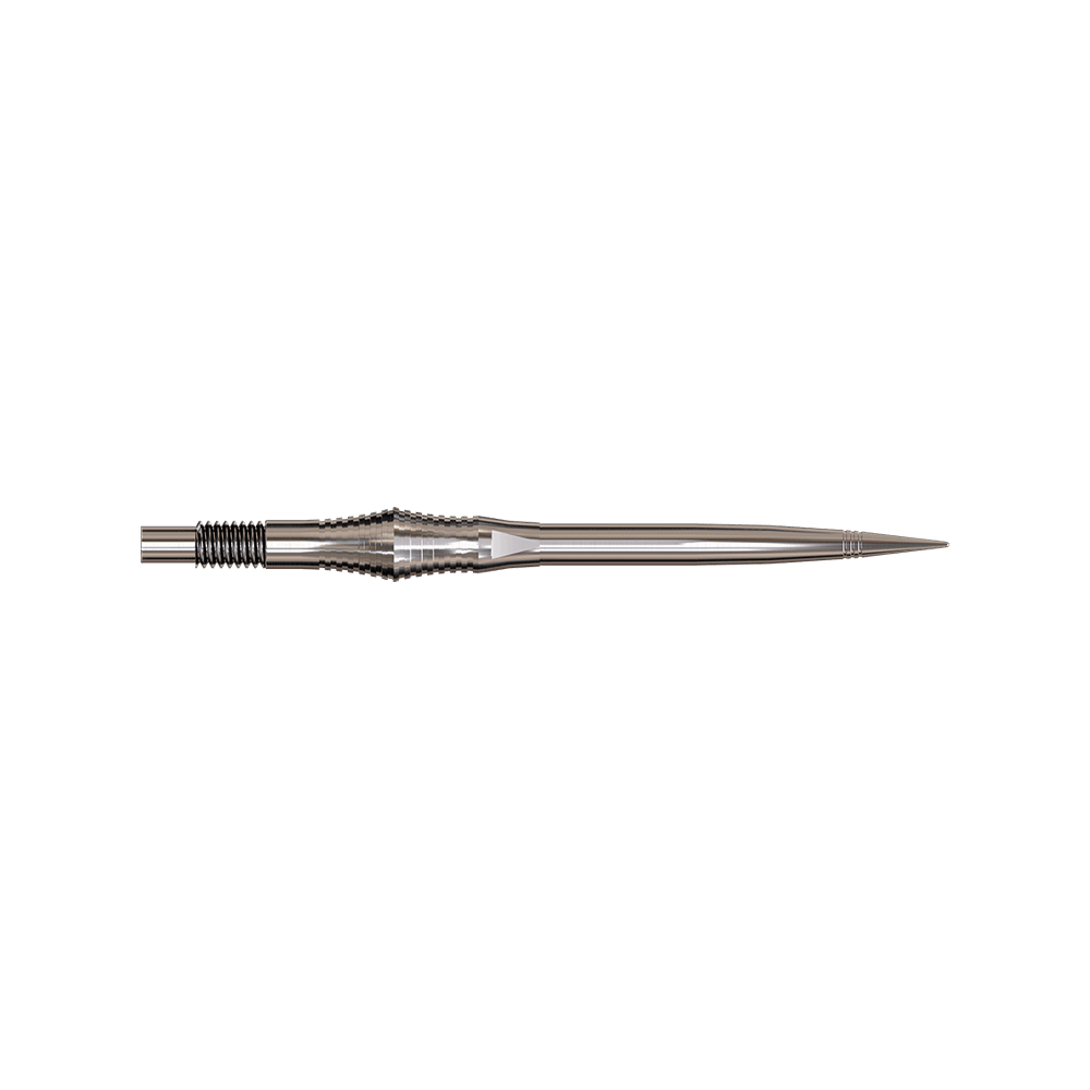 Harrows Quick Point Spire Elite Series Dartspitzen - Silber Spire Silver Elite Series Dartspitzen in 35mm werden gezeigt. Die Spitzen sind silberfarben und filigran.