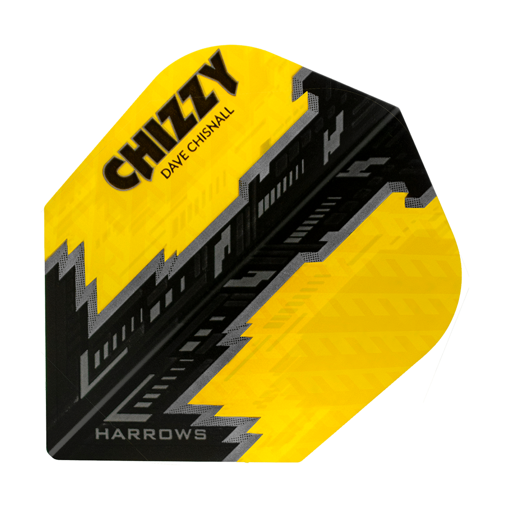 HR7531_Harrows_Dave_Chisnall_Prime_Gelb_Schwarz_No6_Flights_1 Das Bild zeigt ein Dart-Flight mit gelbem und schwarzem Design. Auf dem Flight stehen die Aufschriften "CHIZZY", "DAVE CHISNALL" und "HARROWS".