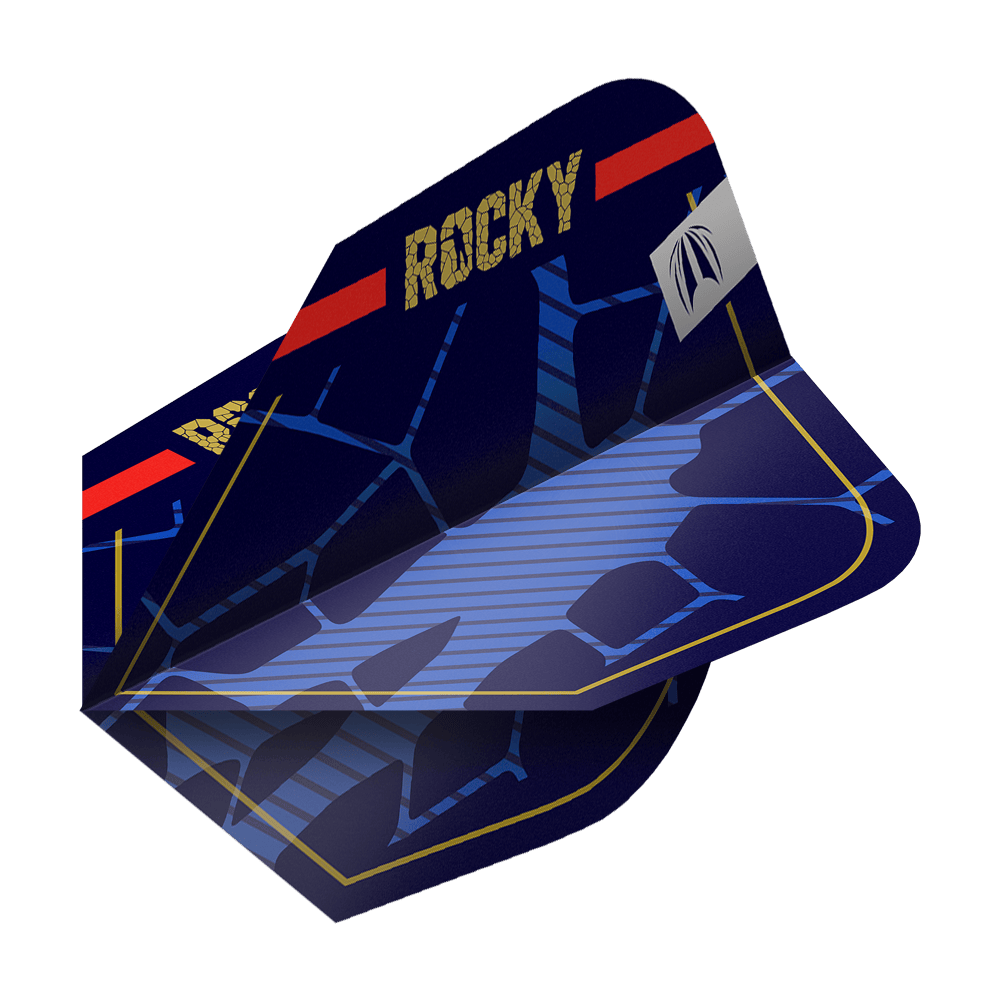 Target Pro Ultra Josh Rock GEN1 Ten-X Flights - 3 Sets Das Bild zeigt ein Set von blauen Dart-Flights mit dem Aufdruck "ROCKY" in goldener Schrift. Die Flights haben ein modernes Design mit blauen Linien und einem roten Streifen am oberen Rand.