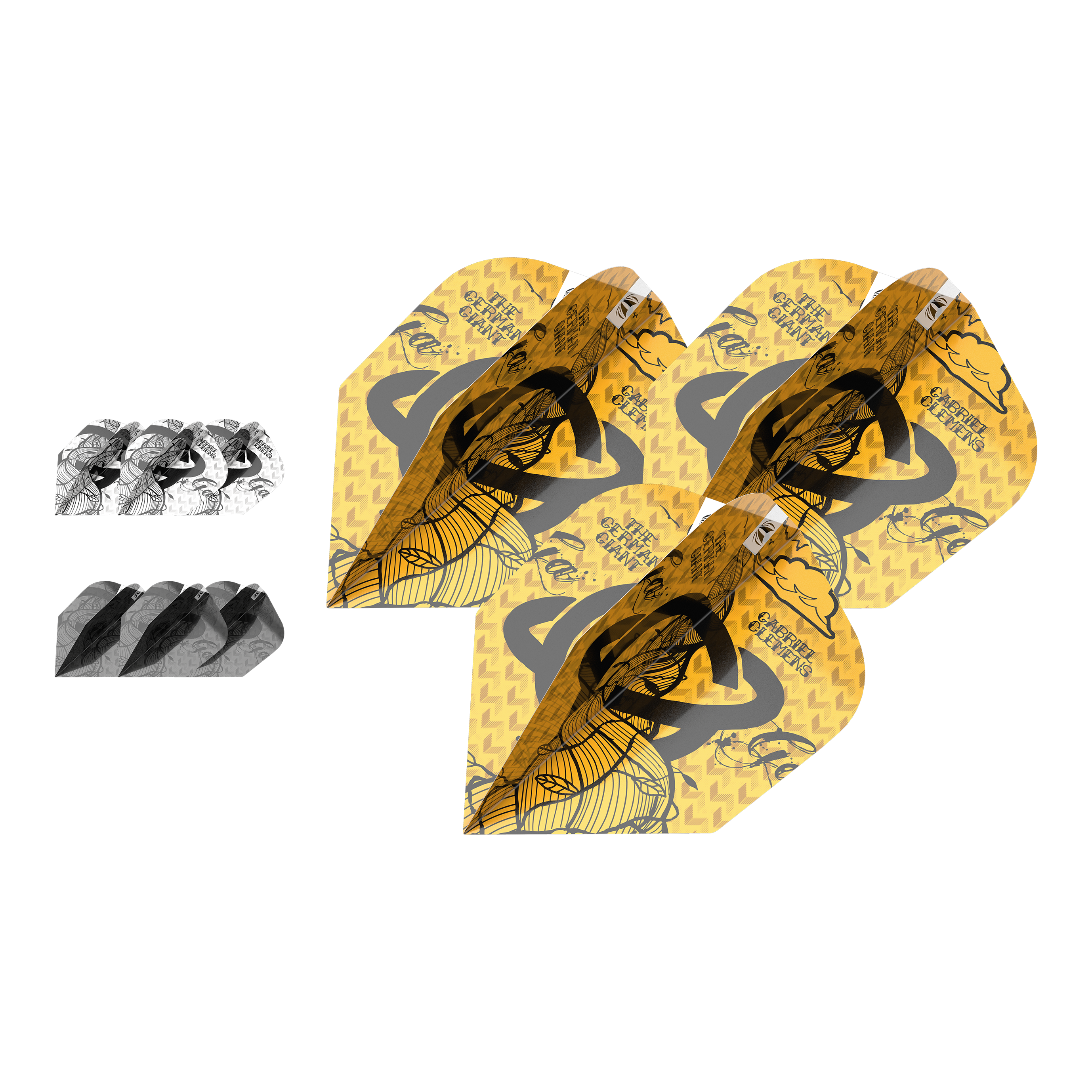 Target Ink Bundle 3 Sets Gabriel Clemens No6 Flights Das Bild zeigt drei Sets Dart-Flights aus dem "Target Ink Bundle 3 Sets Gabriel Clemens No6 Flights". Zwei Sets sind in Schwarz-Weiß und ein Set ist gelb mit einem besonderen Design.