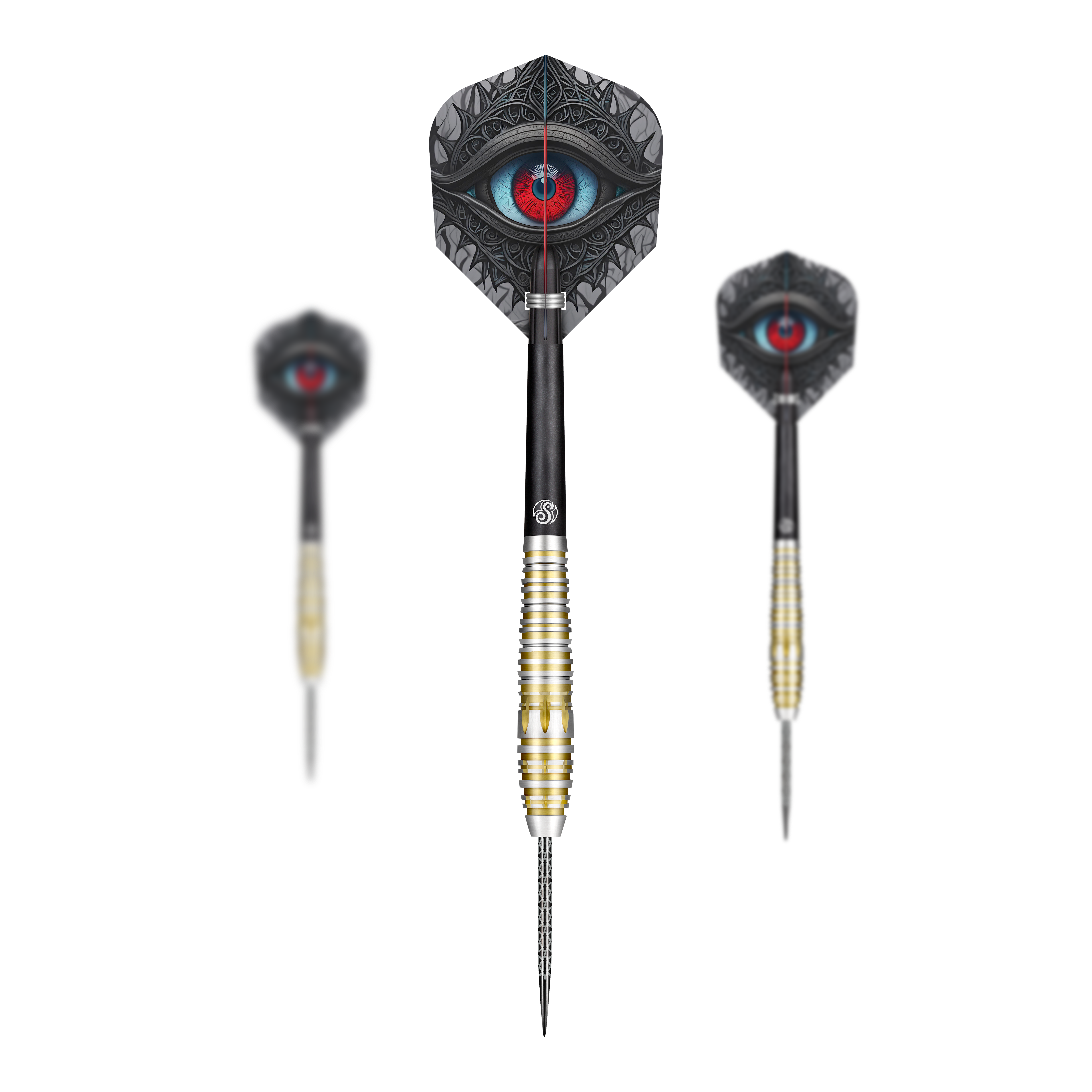 Shot Celt Balor Steeldarts Das Bild zeigt drei Steeldarts des Produkts „Shot Celt Balor Steeldarts“ vor schwarzem Hintergrund. Auf den Flights ist ein auffälliges, stilisiertes Auge in leuchtenden Farben abgebildet.