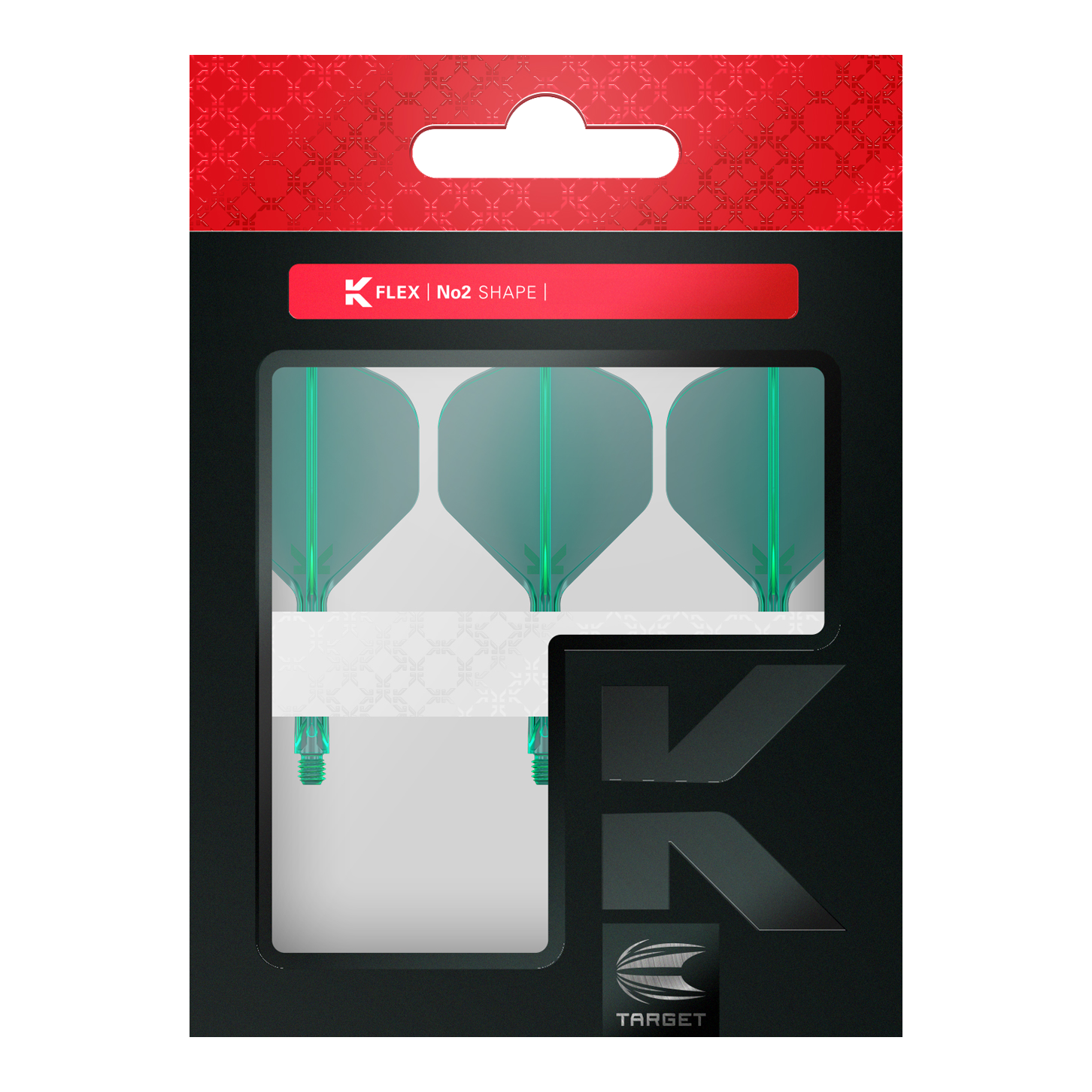 Target K-Flex No2 Standard Flight System - Green Dies ist eine Packung mit drei grünen Dartflights der Marke Target. Die Verpackung ist schwarz mit einem roten oberen Rand und einem Sichtfenster.