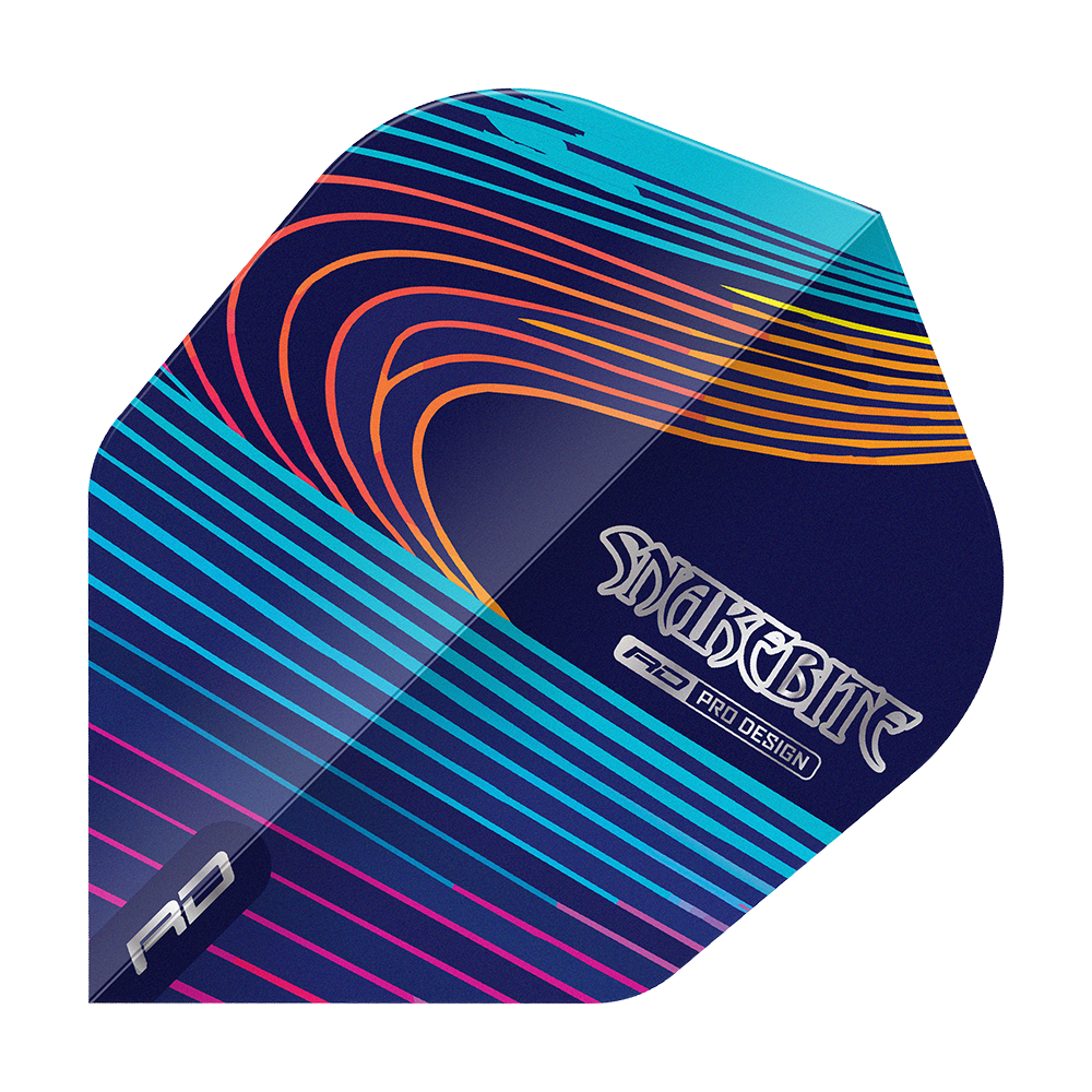 Red Dragon Peter Wright Snakebite Multi No6 Flights Das Bild zeigt einen bunten Dartflight mit geschwungenen Linien in Blau, Lila, Orange und Gelb. Auf dem Flight steht der Schriftzug "Snakebite" sowie "RD Pro Design".