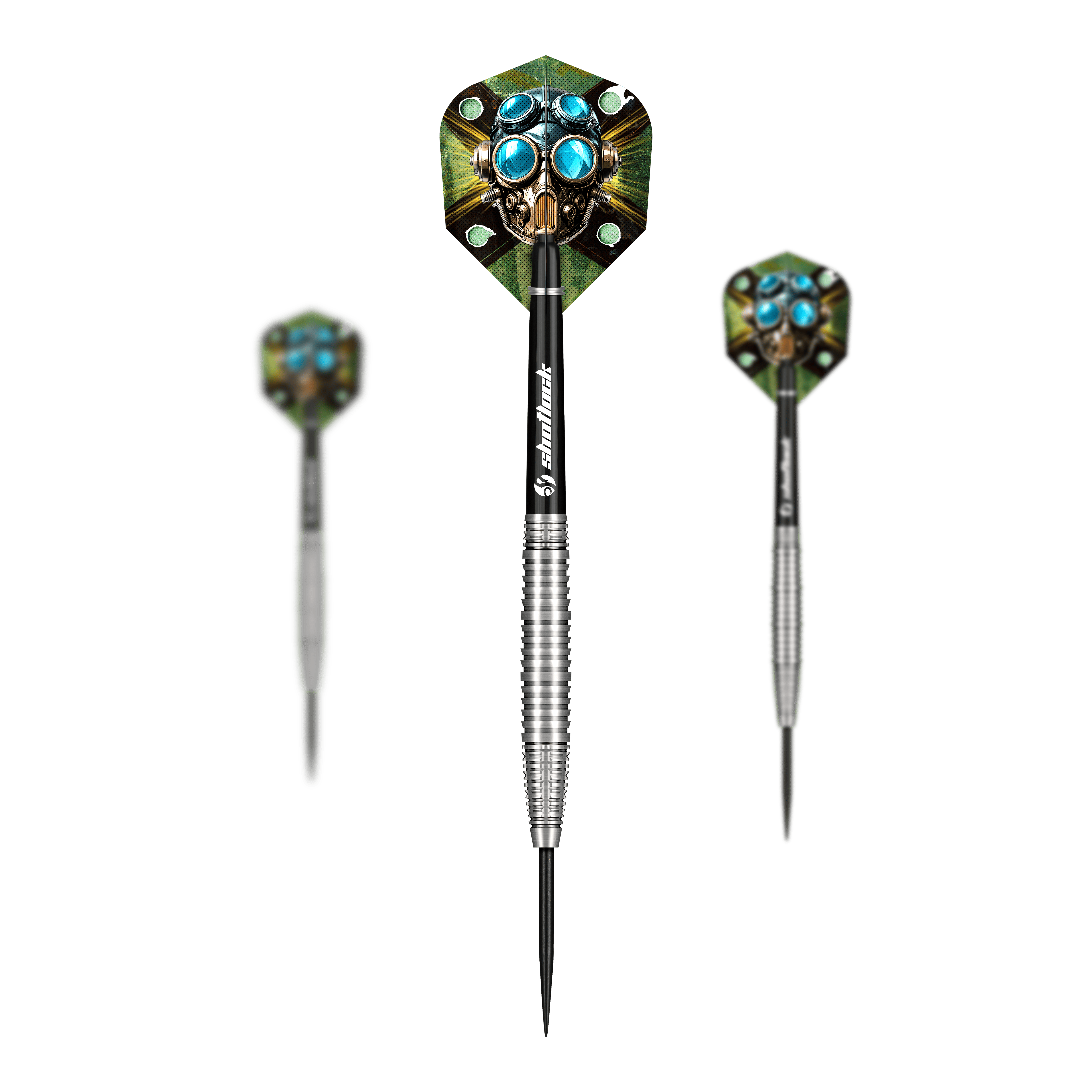 Hier sieht man die Shot Badlands Krush Steeldarts als Set. Das Produkt eignet sich für professionelle Dartspieler.