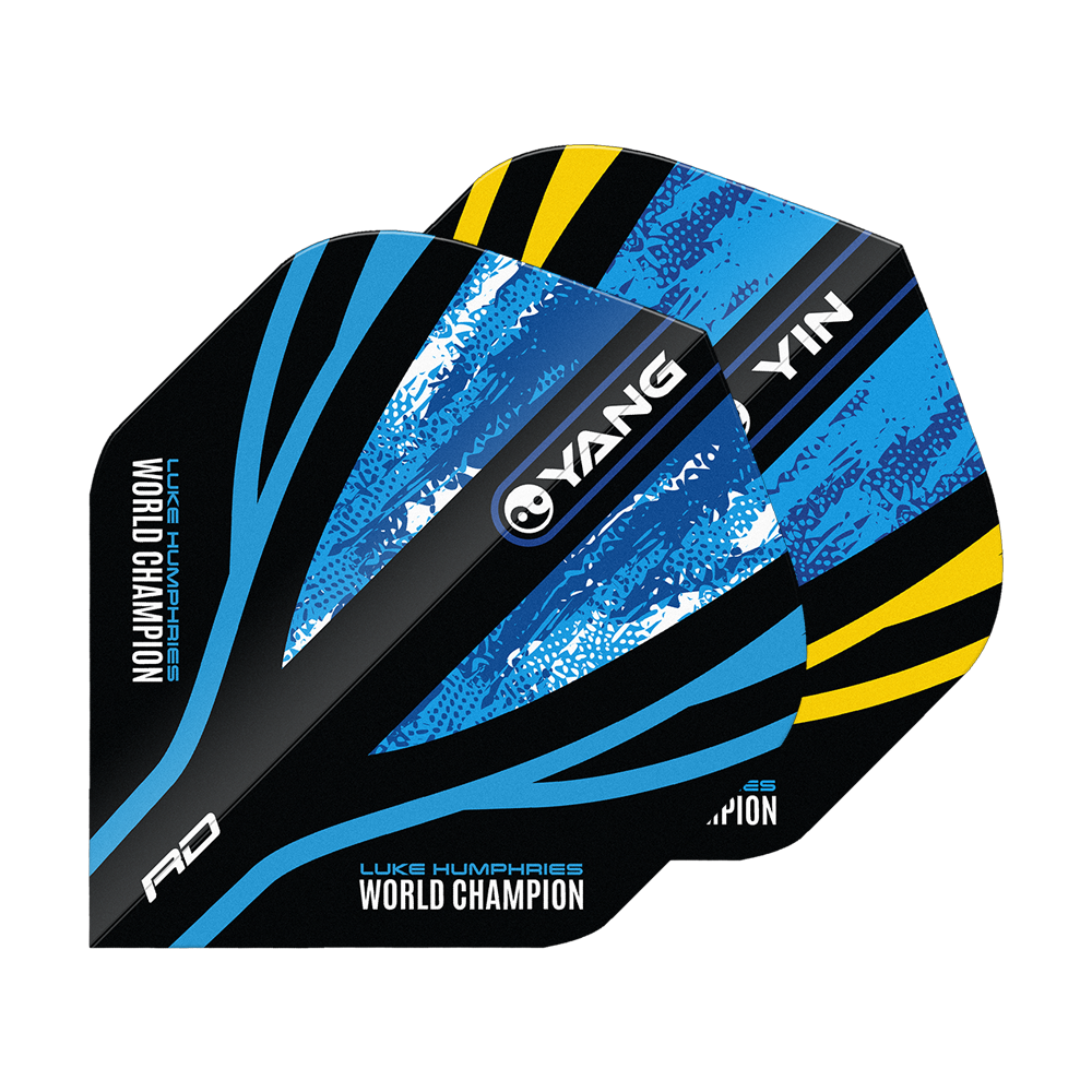 Das Bild zeigt die "Red Dragon Luke Humphries World Champion Blue Gold Yin Yang Standard Flights". Die Flights sind in Blau, Schwarz und Gelb gestaltet und tragen die Aufschrift "World Champion" sowie "YIN" und "YANG".