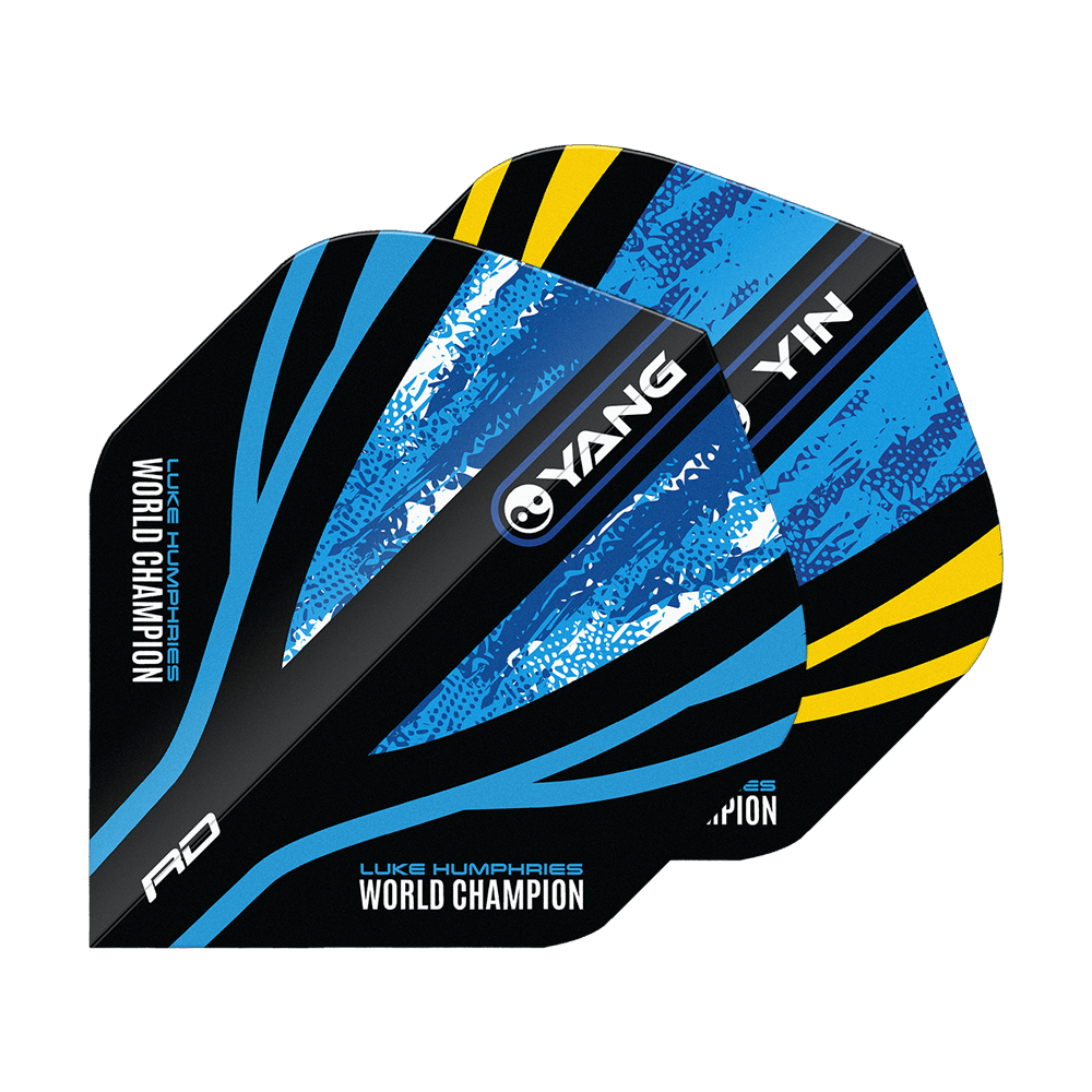 Red Dragon Luke Humphries World Champion Blue Gold Yin Yang Standard Flights Das Bild zeigt die "Red Dragon Luke Humphries World Champion Blue Gold Yin Yang Standard Flights". Die Flights sind in Blau, Schwarz und Gelb gestaltet und tragen die Aufschrift "World Champion" sowie "YIN" und "YANG".