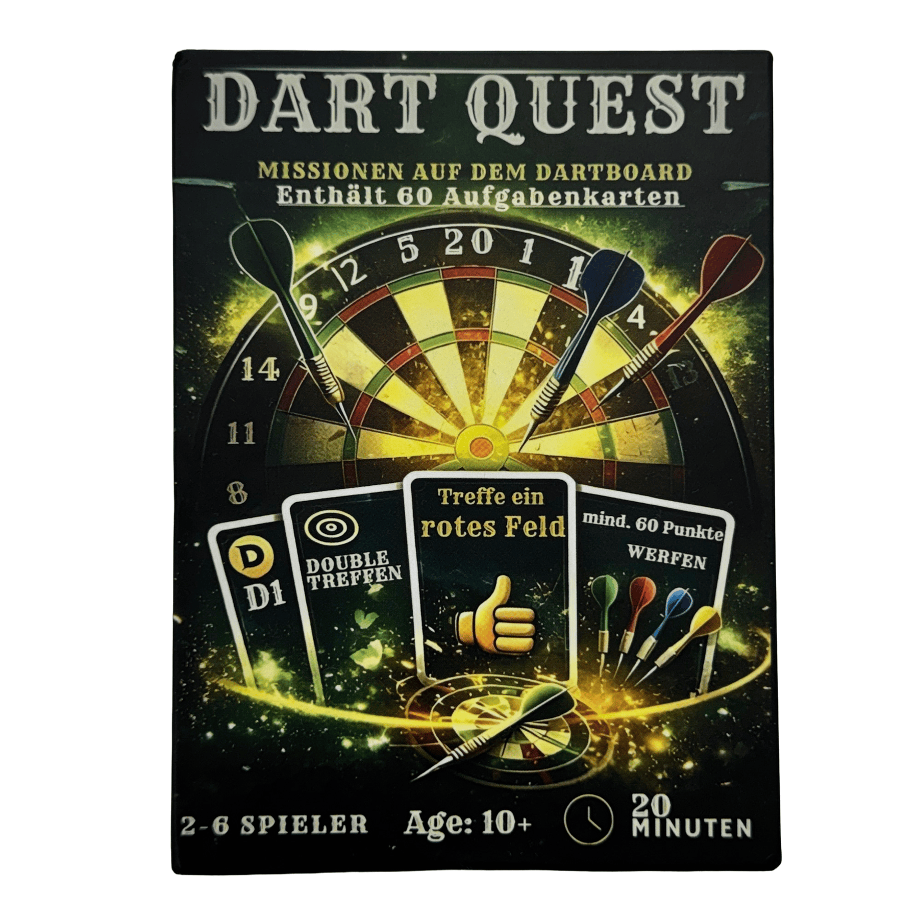 Dart Quest card game Dieses Bild zeigt das Dart Quest Kartenspiel. Das Produkt ist für unterhaltsame Spielabende geeignet.