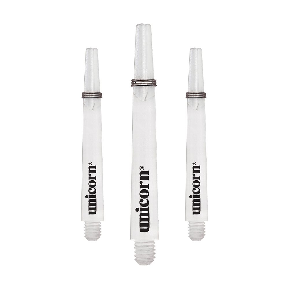 Unicorn Gripper 3 Mirage Shafts - Clear - 44.2 mm Das Bild zeigt drei transparente Unicorn Gripper 3 Mirage Shafts mit einer Länge von 44,2 mm. Auf jedem Schaft steht das Wort "unicorn" in schwarzer Schrift.