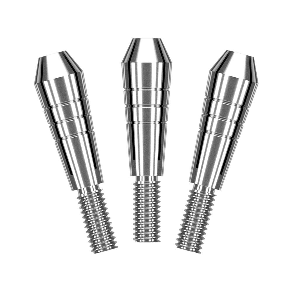 200480_Target_Power_Titanium_Shaft_Ersatztops_Silber_1 Das Bild zeigt drei silberne Ersatzspitzen für Dartschäfte aus Titan. Sie sind glänzend und haben ein Schraubgewinde am unteren Ende.