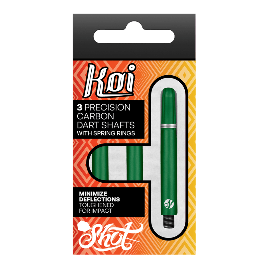 Shot Koi Carbon Shafts - Green Die Verpackung zeigt drei grüne Präzisions-Carbon-Dartschäfte mit Federringen der Marke Koi. Sie sind darauf ausgelegt, Ablenkungen zu minimieren und sind für hohe Belastungen verstärkt.
