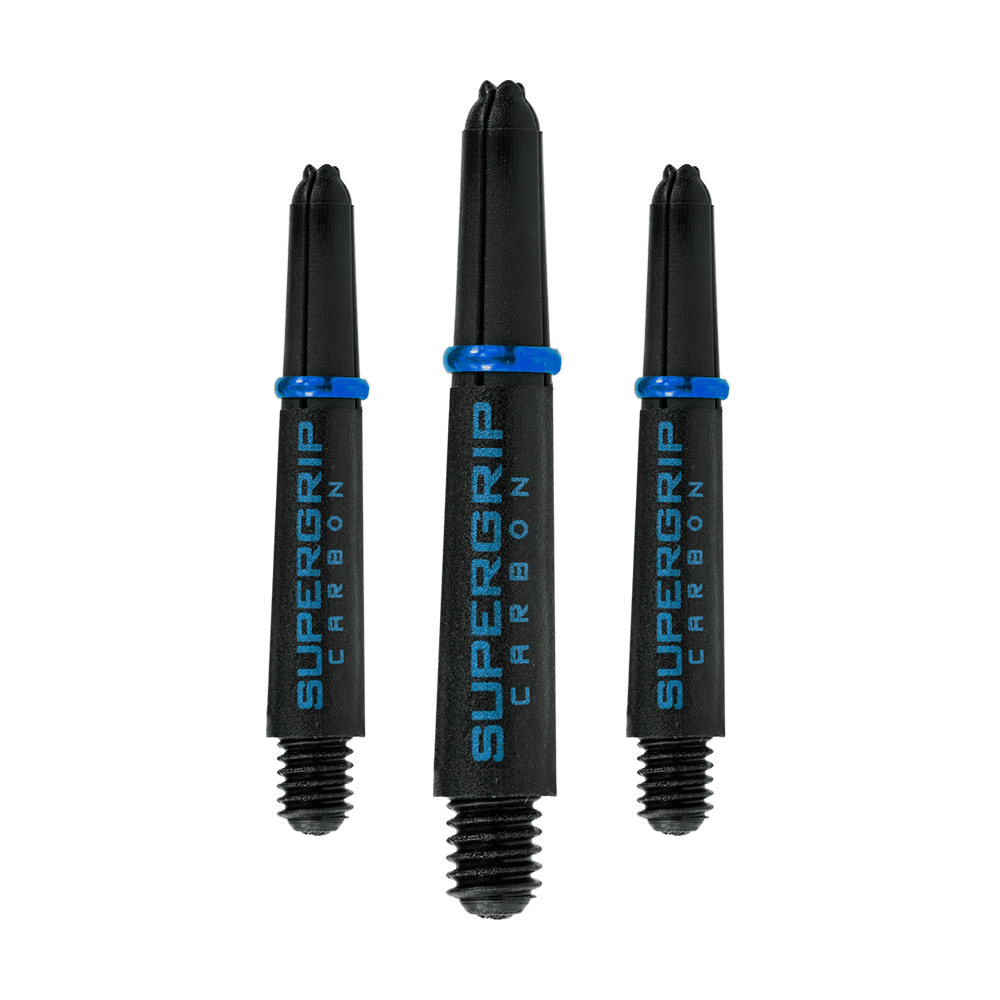 Das Bild zeigt drei Harrows Supergrip Carbon Shafts in der Farbe Aqua. Die Dartschäfte sind schwarz mit blauer Aufschrift und einem blauen Ring.