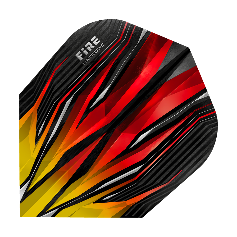 HR3_Harrows_Fire_Two-Tone_Standard_Flights_1hOGsEJynIT3aB Das Bild zeigt das Produkt "Harrows Fire Two-Tone Standard Flights". Das Design ist auffällig mit roten, gelben und schwarzen Flammenmustern gestaltet.