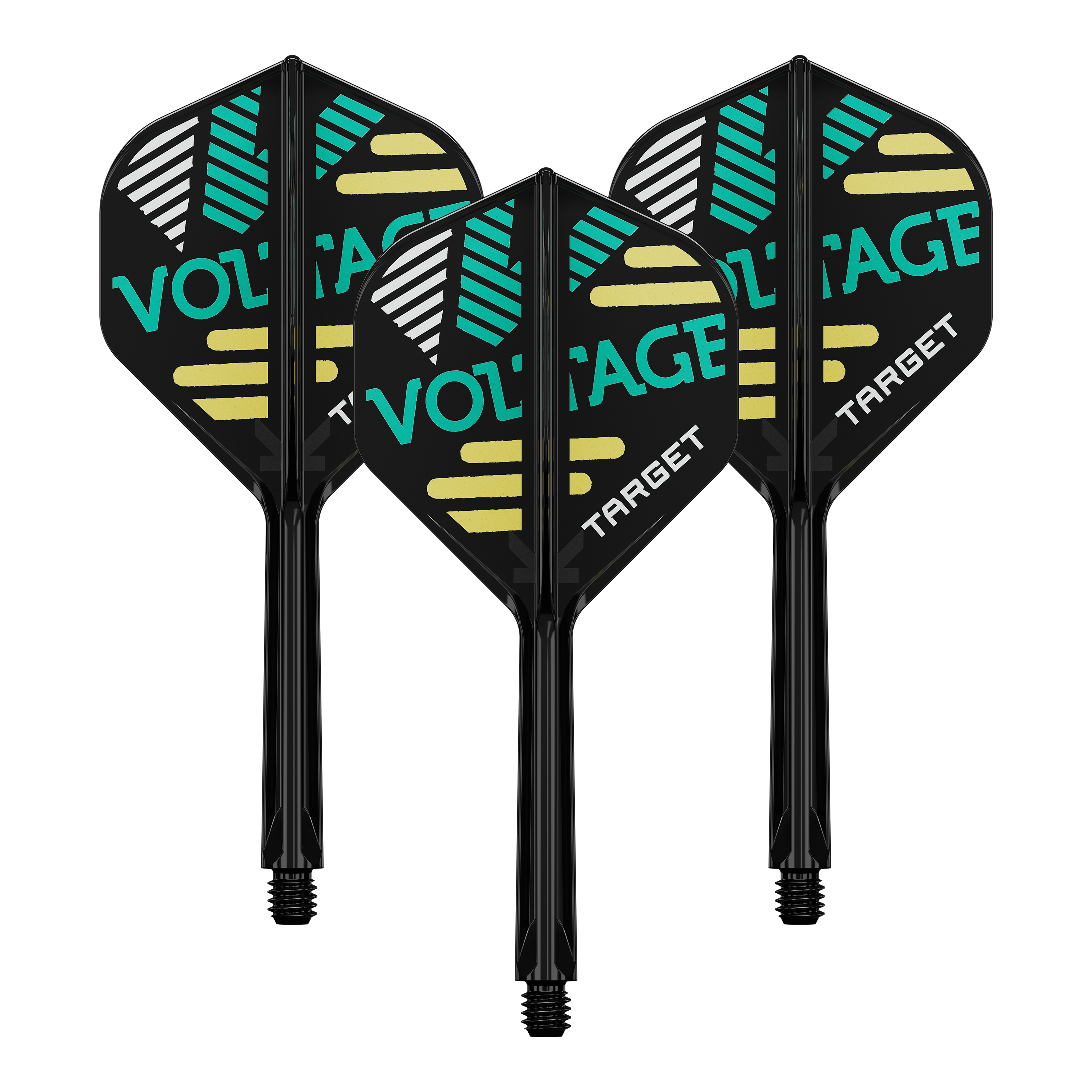 Auf dem Bild sind drei Dart-Flights mit Schäften zu sehen. Die Flights sind schwarz und tragen die Aufschrift "VOLTAGE" und "TARGET" in grüner und weißer Farbe.