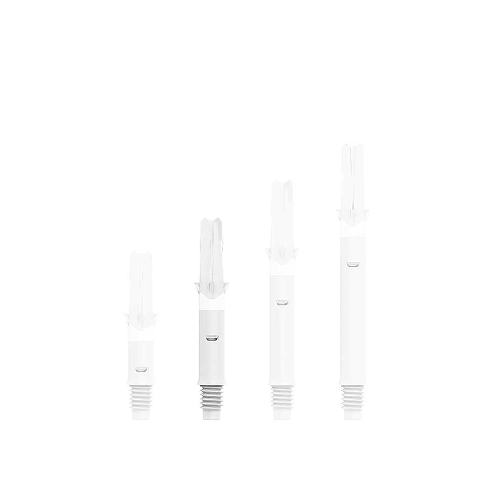 L-L-Style-Shafts Silent Straight - White Auf dem Bild sind vier weiße Dartschäfte in unterschiedlichen Längen zu sehen. Sie stehen nebeneinander aufrecht auf gereiht.