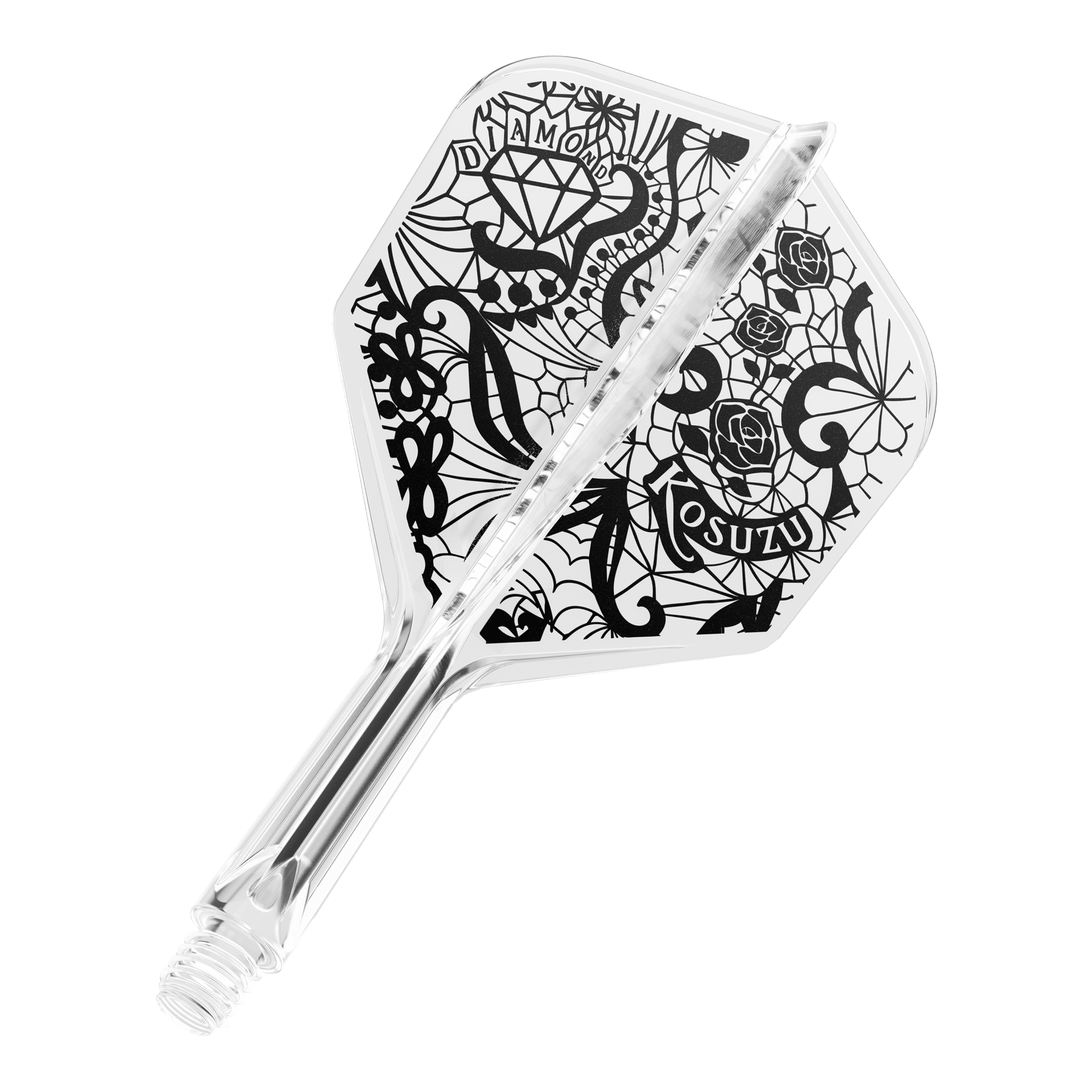 Dies ist ein klarer Dartflight mit einem schwarzen, kunstvollen Design, das Rosen, ein Diamant und Netzmuster zeigt. Das System ist einteilig und hat ein Schraubgewinde am Ende.
