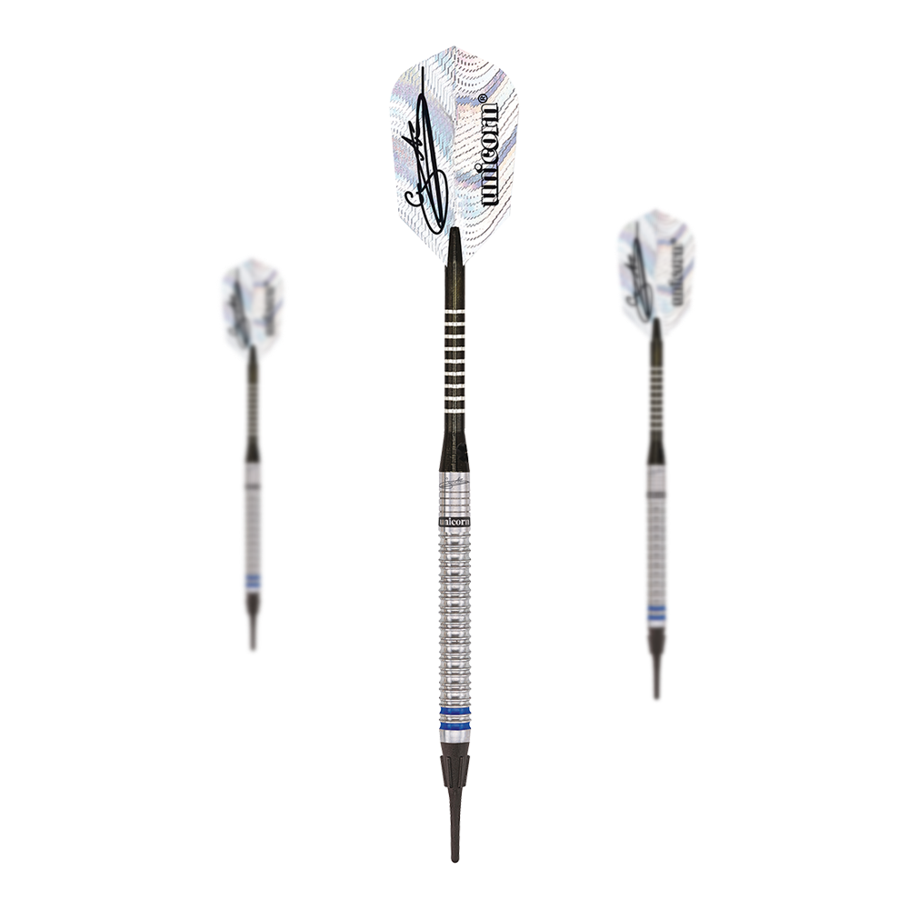 Unicorn World Champion Natural Phase 3 Gary Anderson Soft Darts - 18g Das Bild zeigt drei Unicorn World Champion Natural Phase 3 Gary Anderson Softdarts mit einem Gewicht von 18g. Die Darts haben silberne Griffe und weiße Flights mit einer Unterschrift und dem Unicorn-Logo.
